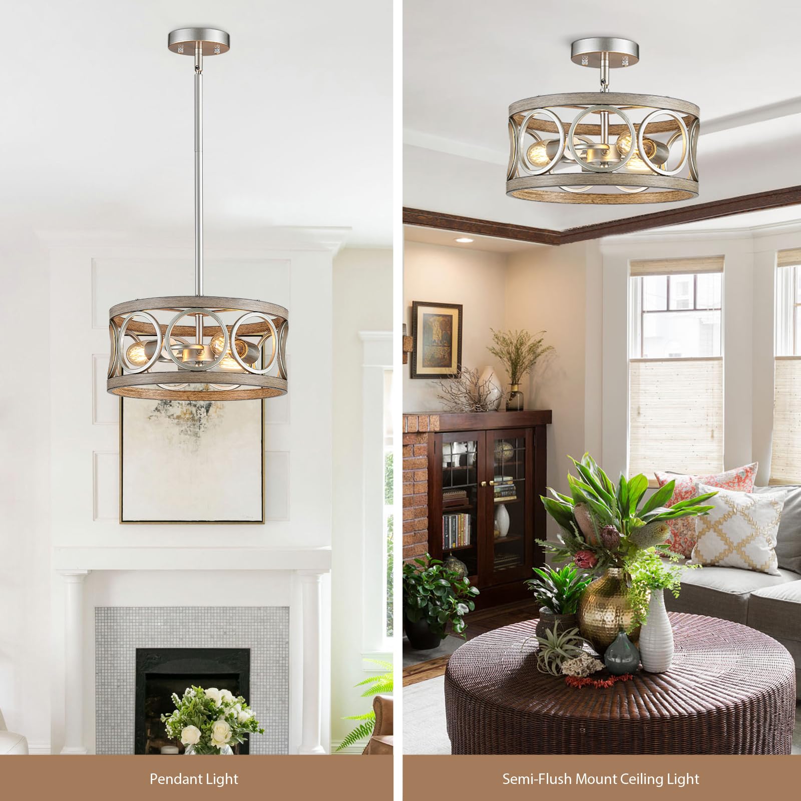 Peskoe Modern Chandelier, 13'' Farmhouse Pendant Light Dining Room Light Fixtures, Ceiling Light For Bedroom Living Room Kitchen, 3-Light Nickel And Wood Grain Metal Hanging Lamp