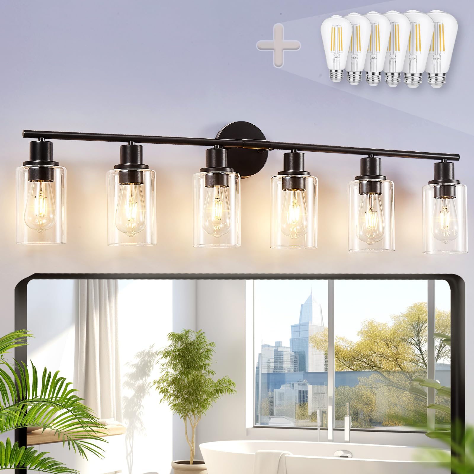 DINGLILIGHTING 6-Light Bathroom Light Fixture Black Metal with Clear Glass Shade for Mirror Kitchen Living Room Hallway