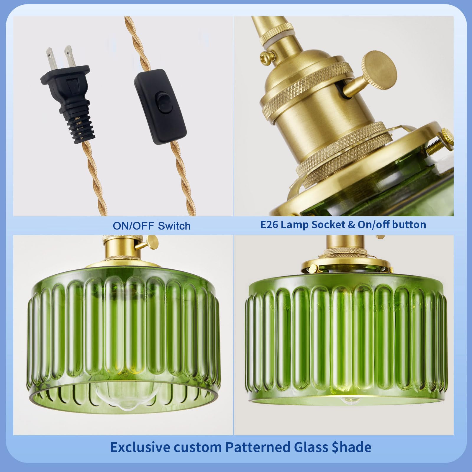 Beserwin Plug In Pendant Light  Hanging Lights With Plug In Cord  Hanging Light Fixture With Clear Glass  E26 Pendant Lighting For Kitchen Island  Bedroom  Dining Room  Living Room-Green