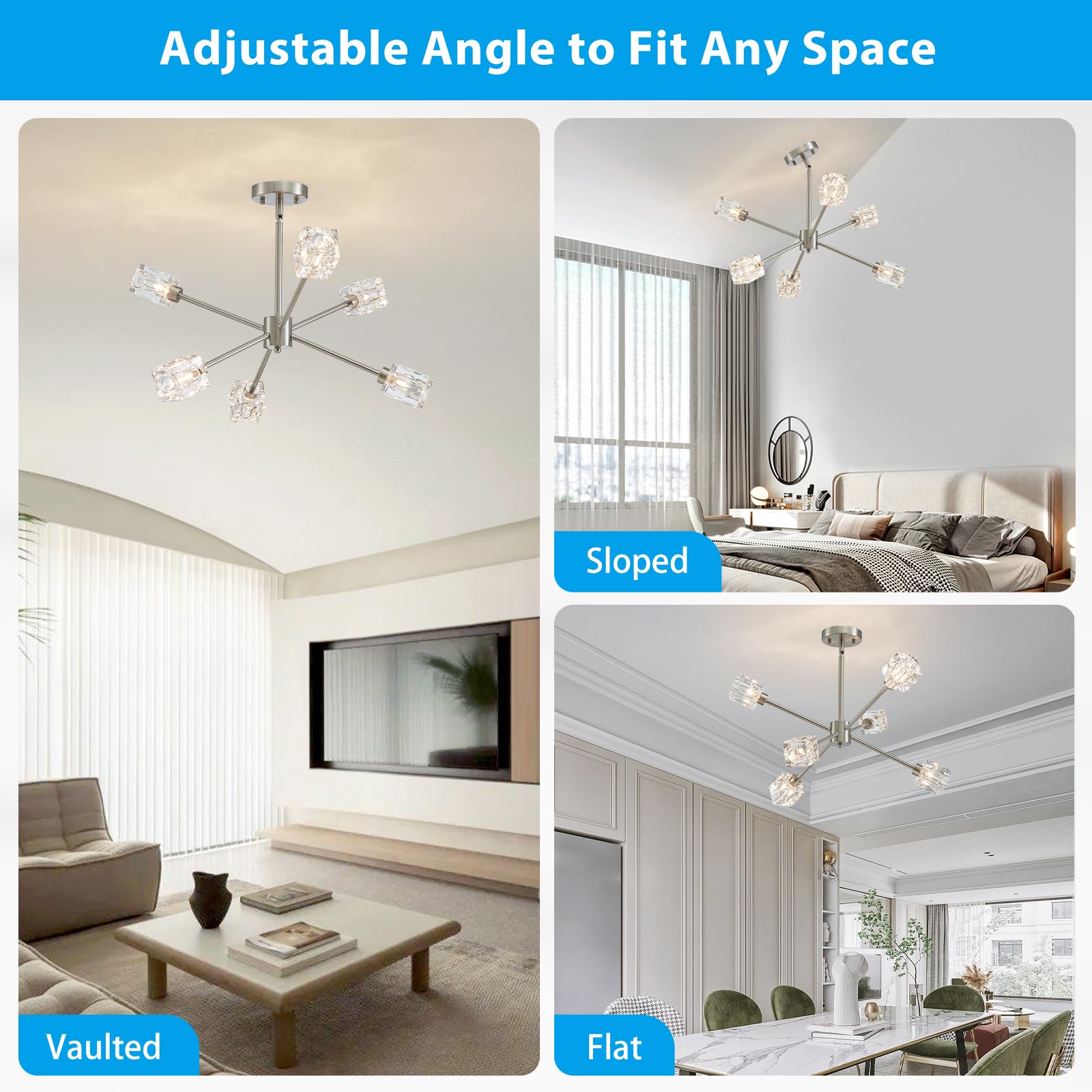Xingqi 6-Light Semi Flush Mount Ceiling Light Fixture Modern Brushed Nickel Sputnik Chandelier 25.2'' Ceiling Lighting For Bedro