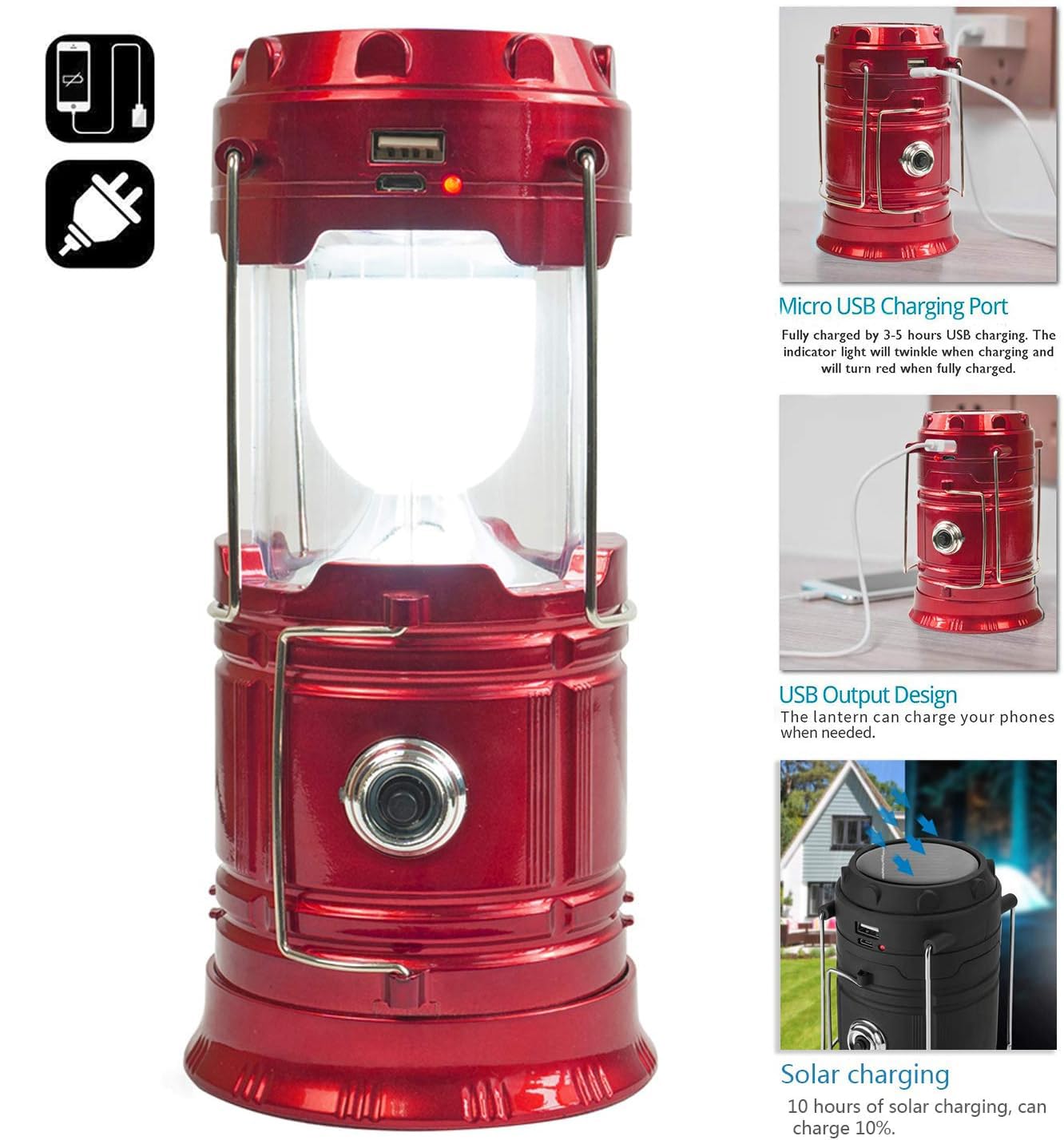 Solar Camping Lantern Rechargeable USB,COB LED Lantern Flashlight 2 Power Supply Modes Survival Kit for Emergency, Hurricane(Red