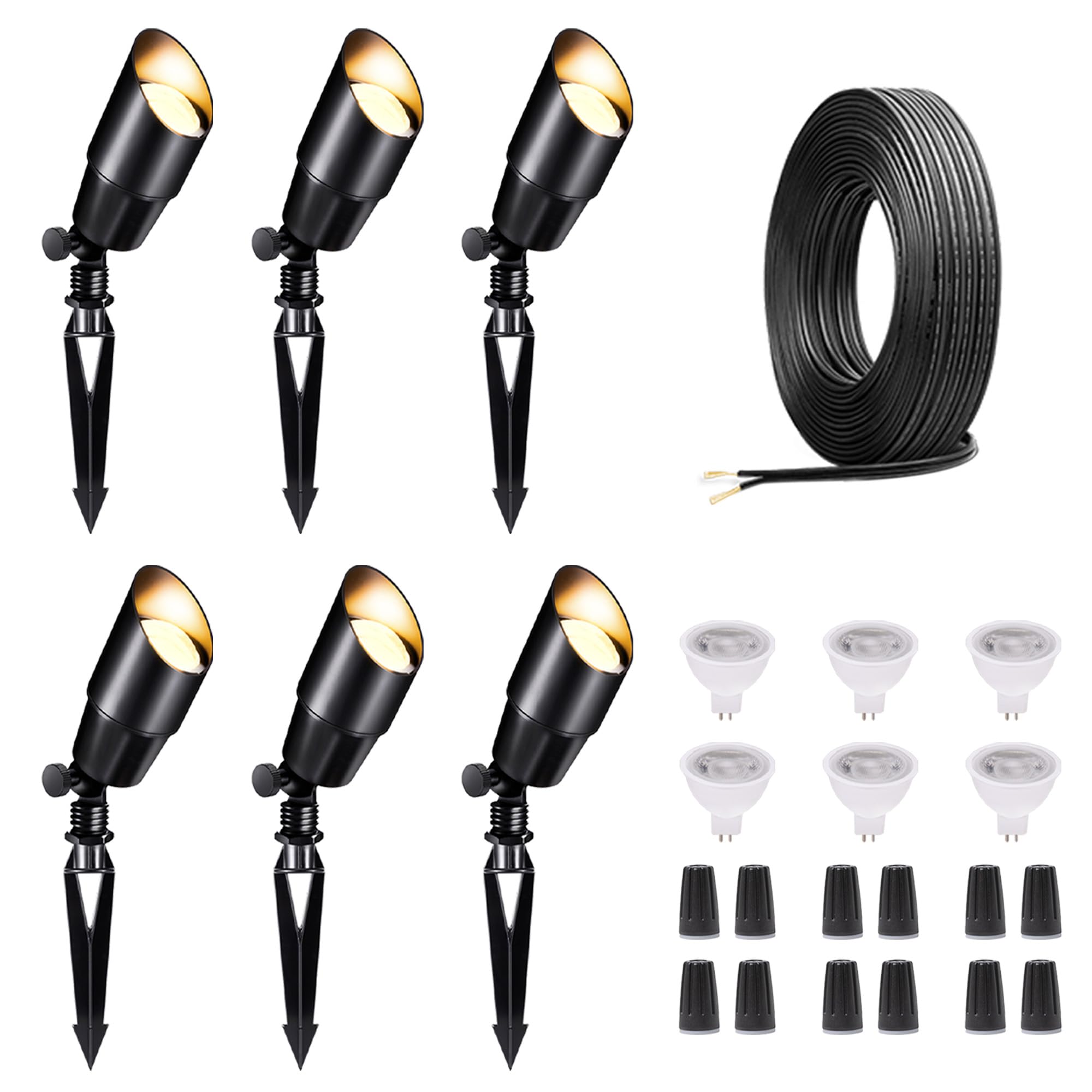 Varmtalys LED Outdoor Spotlights Kit, with 6 Pack Black Low Voltage Waterproof Spot Light and 100FT Cable and 30 Wire Connectors