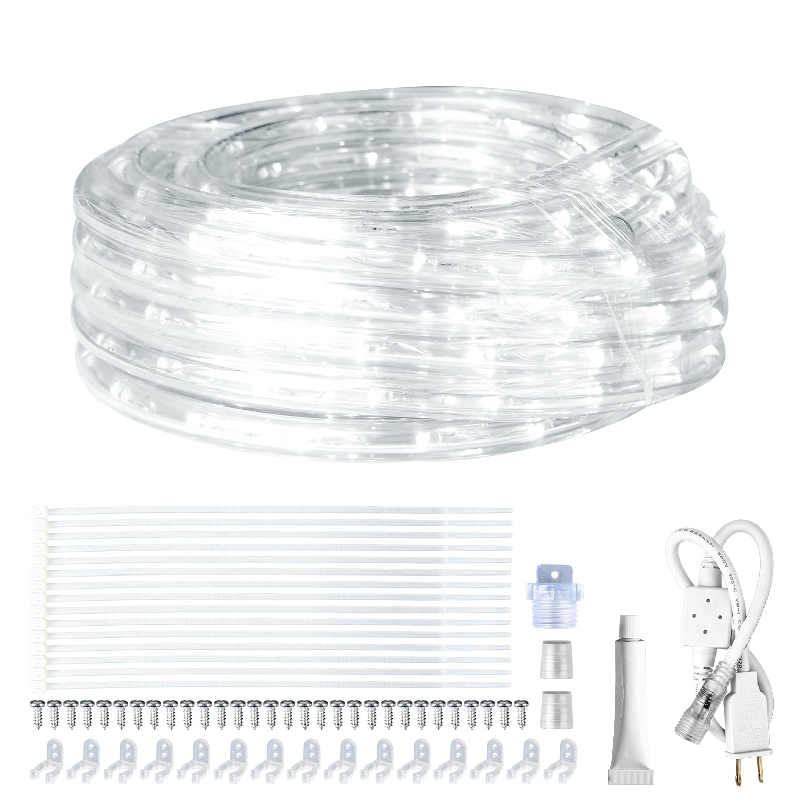 SURNIE Rope Lights Outdoor Waterproof Daylight White: LED 25FT Cuttable Outside Bright 110V Lighting 6000K Flexible Cool Clear Tube, Indoor Deck Patio Xmas Camping Decor, Not Flat Strip
