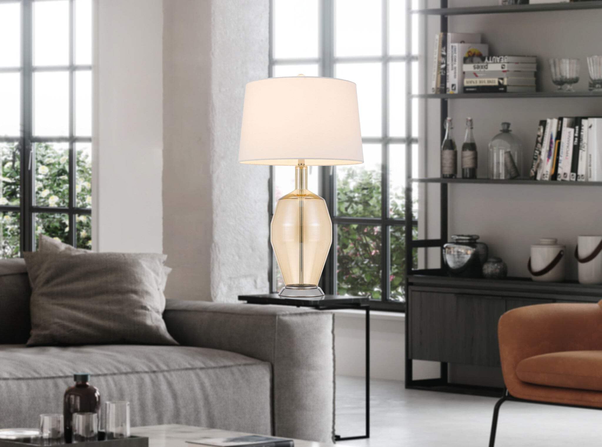 HomeRoots Metal Table Lamp with Drum Shade 29 in. Orange & White Model 524734