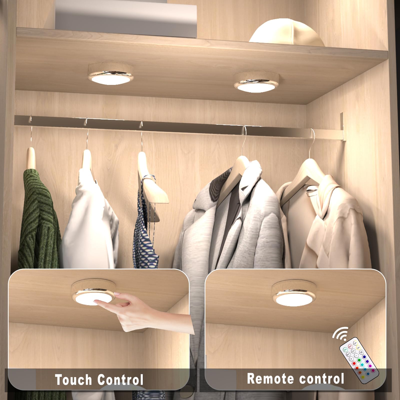 Helplex Led Puck Lights With Remote, Battery Powered Push Lights, Dimmable Under Cabinet Lighting, Wireless Under Counter Lights