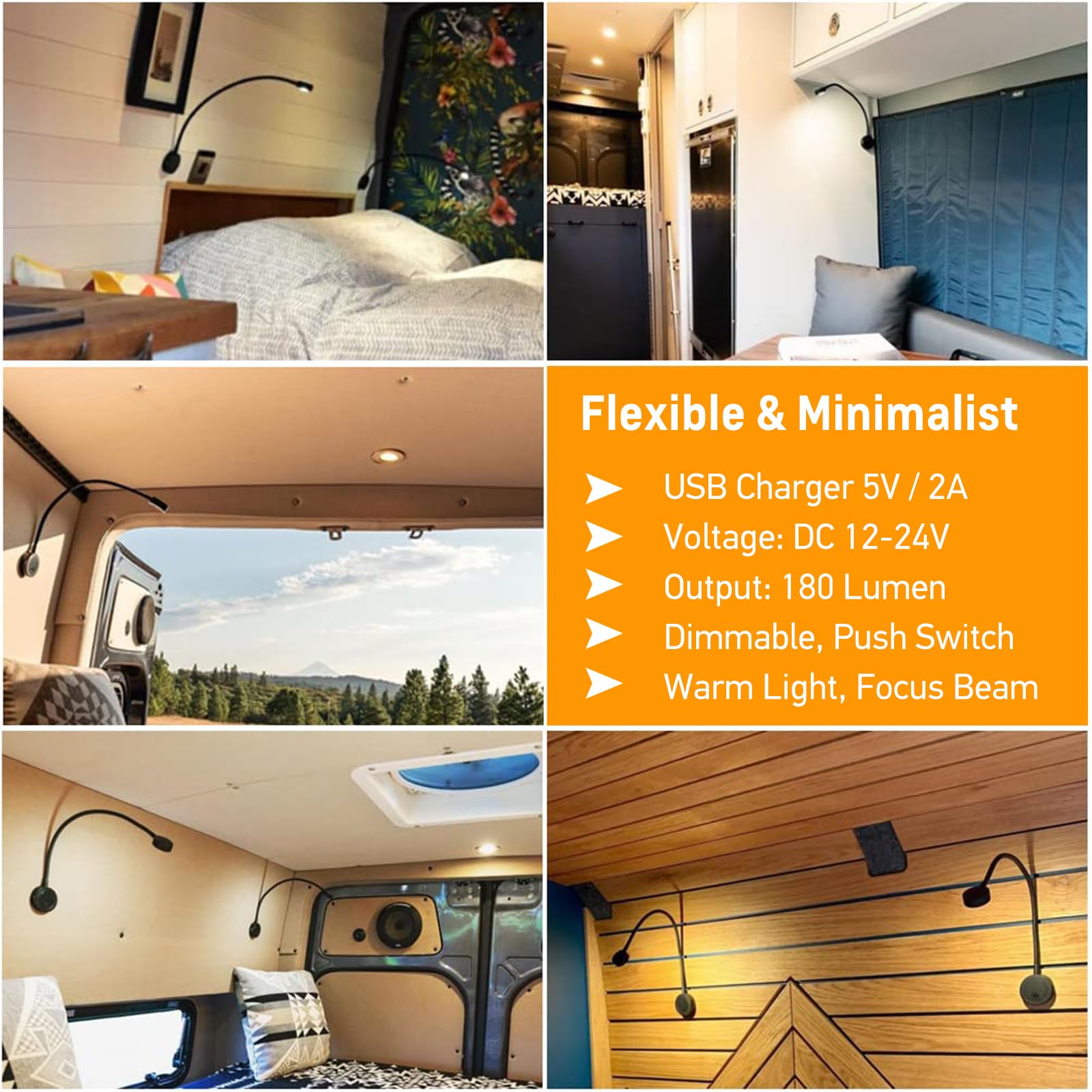 Acegoo 12V Led Reading Light, Rv Boat Bedside Reading Lamp, 12 Volt Flexible Gooseneck Bed Light For Camper Van Trailer Truck Motorhome, Integral Switch & Usb Charger