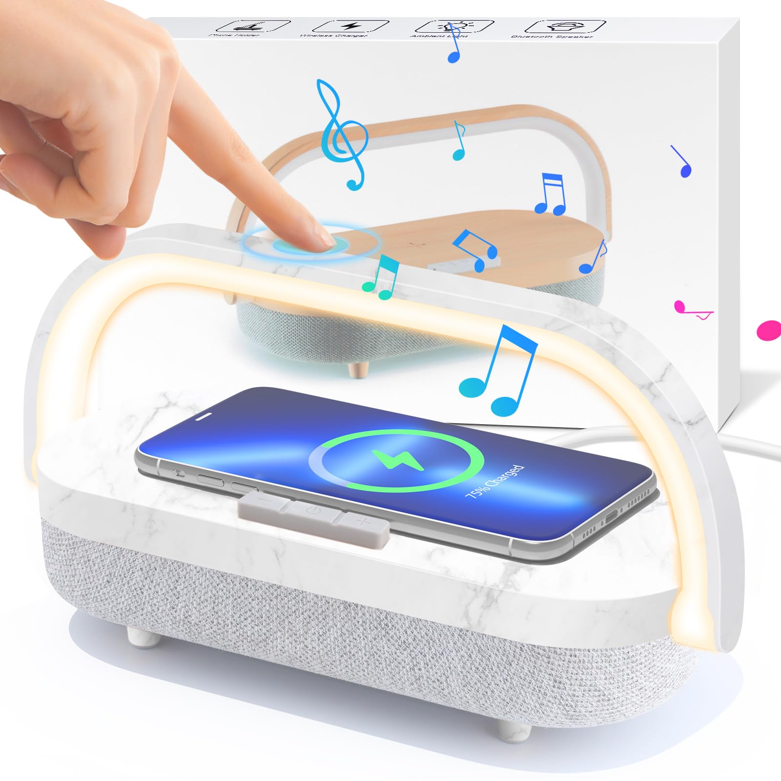 LED Bedside Lamp, Touch Lamps for Bedroom Nightstand MA, 4 in 1 Bedside Table Lamp with Wireless Charger, Portable Bluetooth Spe