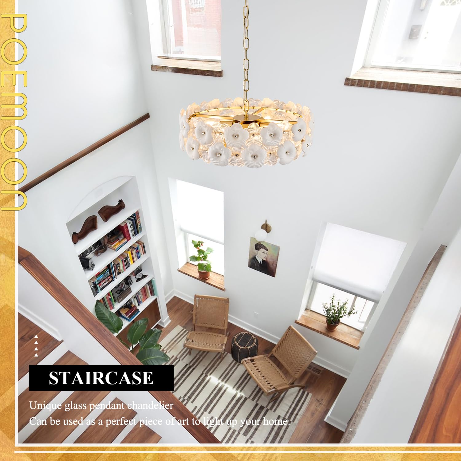 Poemoon Modern Glass Chandelier 20" Luxury 6 Lights Gold Fixture for Living Room, Kitchen, Bedroom, Model P54-500G1