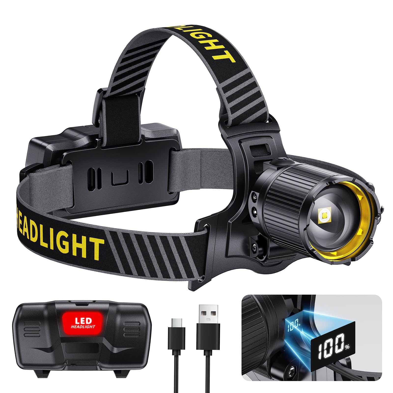Led Headlamp Rechargeable,Super Bright Headlights 60H Long Battery Life With Sensor&Digital Display, Zoomable,12 Modes,120Adjust