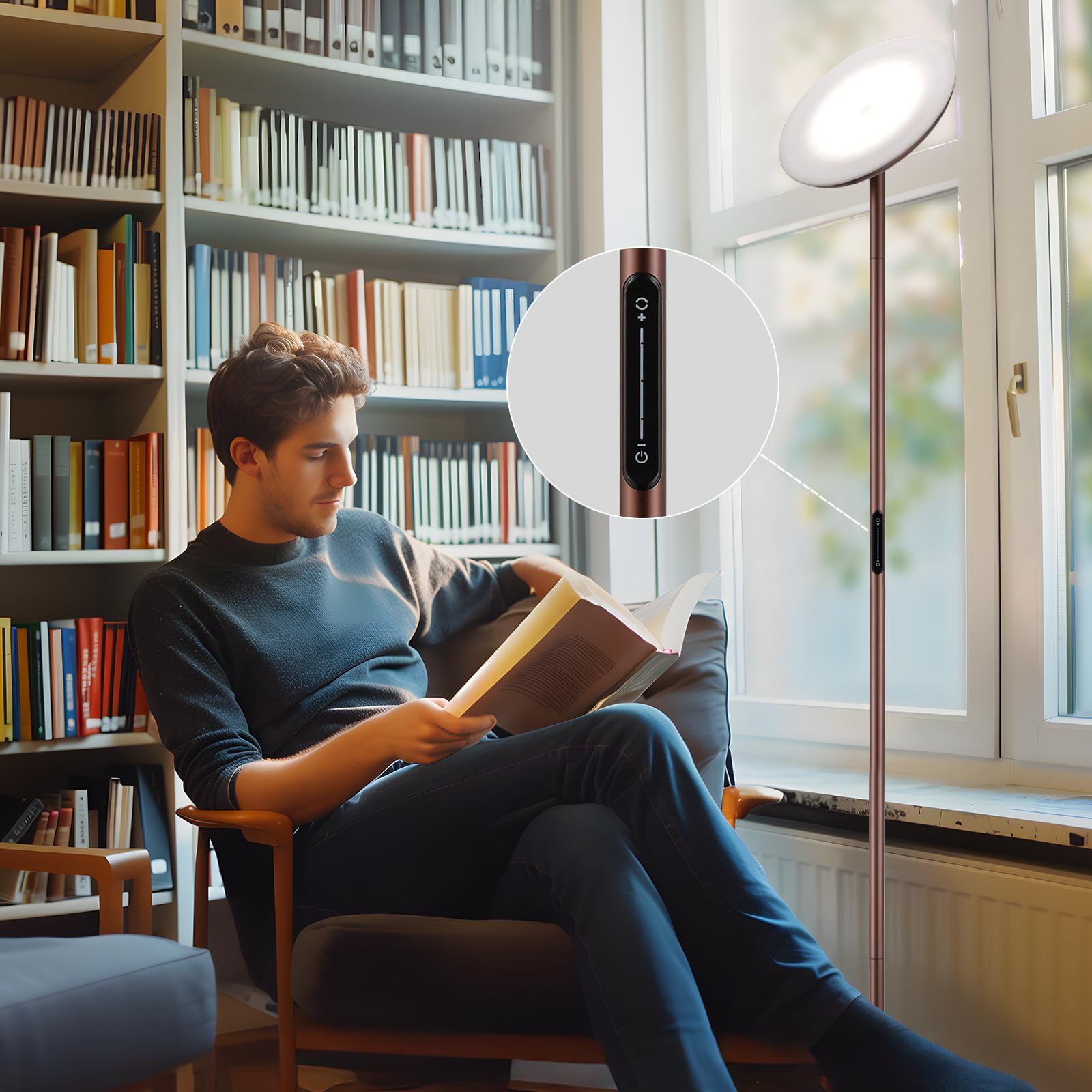 PreeOtti Modern LED Floor Lamp, Remote & Touch Control, Dimmable, 3 Color Temps, Large, Brown