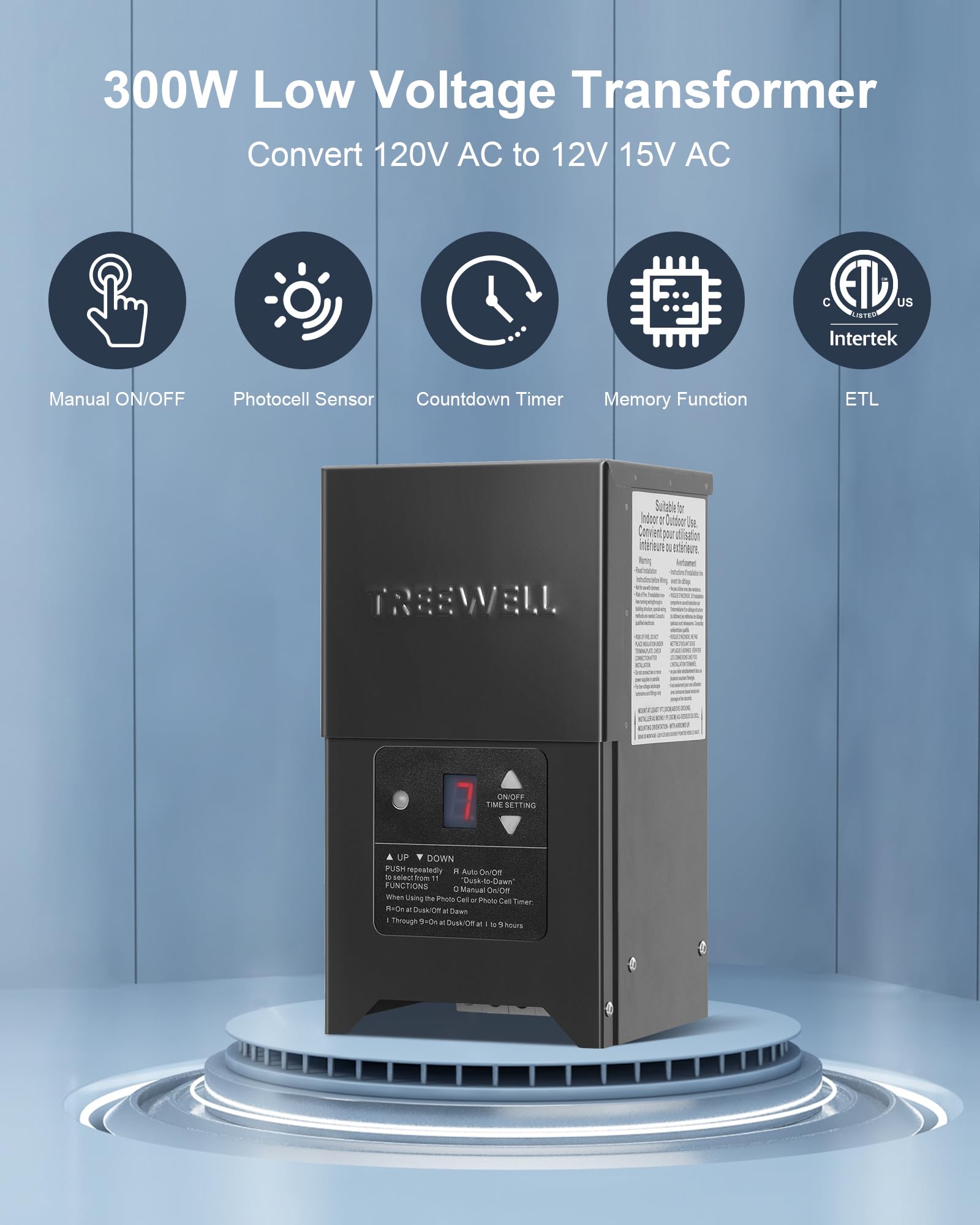 Treewell 300W Low Voltage Landscape Transformer, Waterproof Black Stainless Steel, with Photocell Sensor & Timer, ETL Listed
