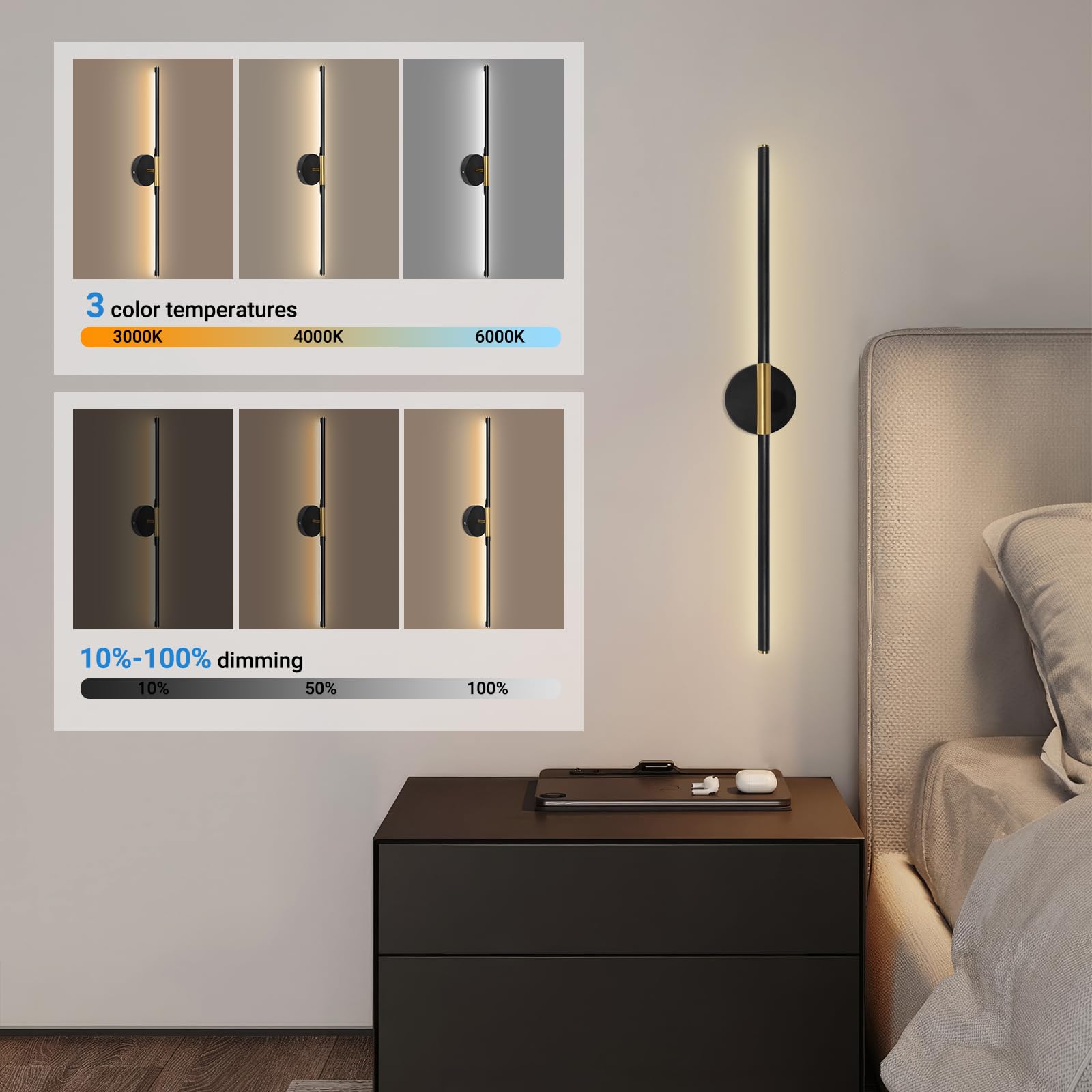 Taofiaco Battery Operated Wall Sconces Set Of Two, 360Rotate Wireless Rechargeable Wall Sconces With Remote Control, Black Gold,