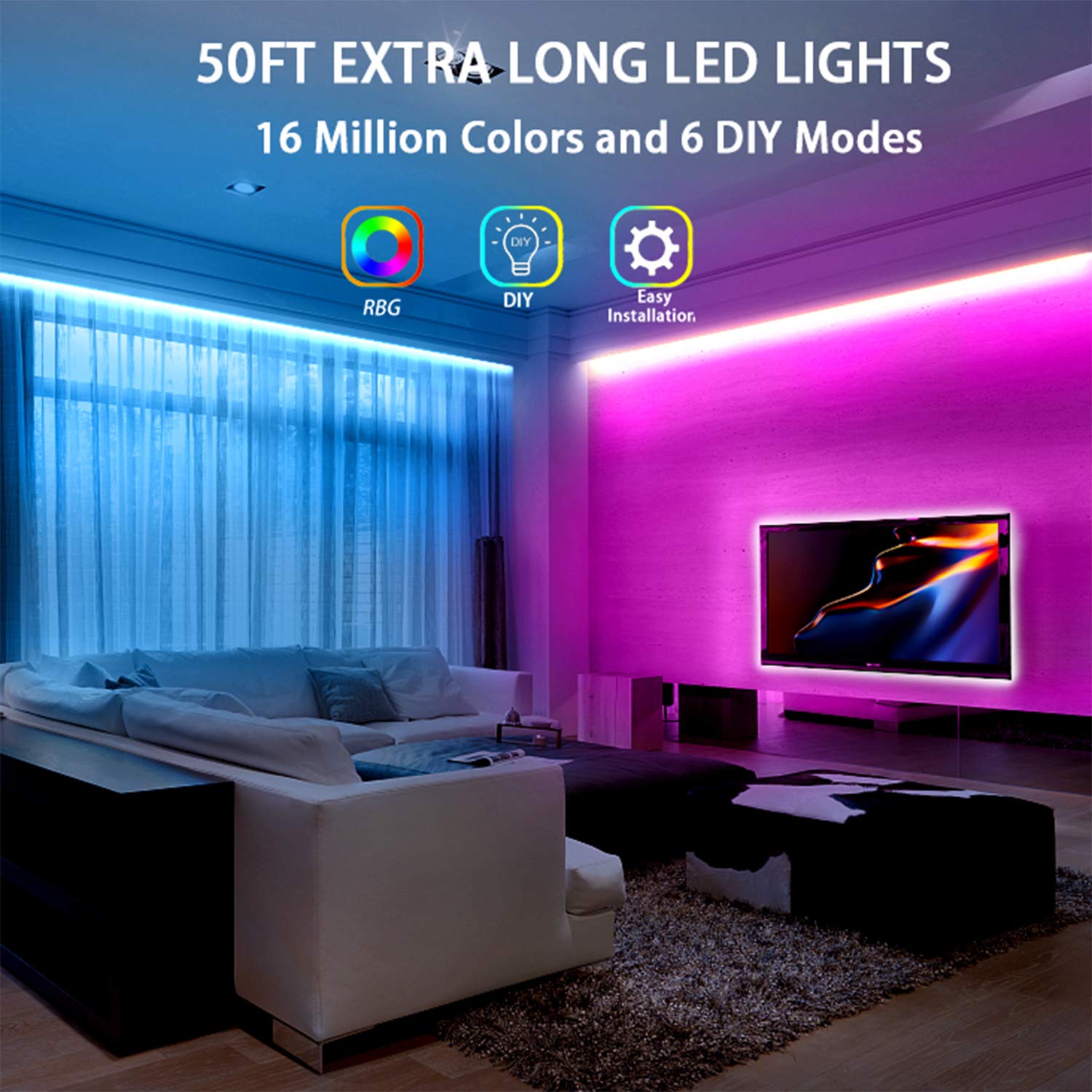 Dalattin Rgb Led Strip Lights 50Ft, 2 Rolls Of 25Ft, Color Changing With Remote, Flexible Plastic, Multicolor Indoor Decoration