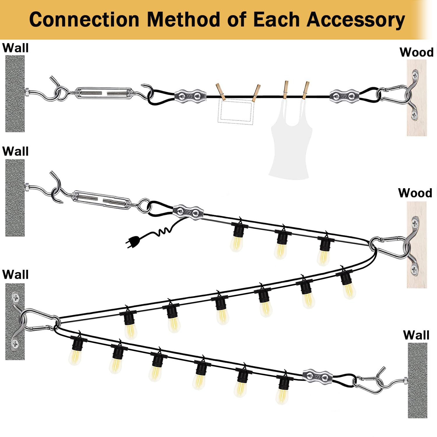 Zycbernoi Bernoi String Light Suspension Kit, Outdoor Light Guide Wire, 170Ft Coated Stainless Steel 304 Wire Rope, String Light Hanging Kits, Light Hanging Kit