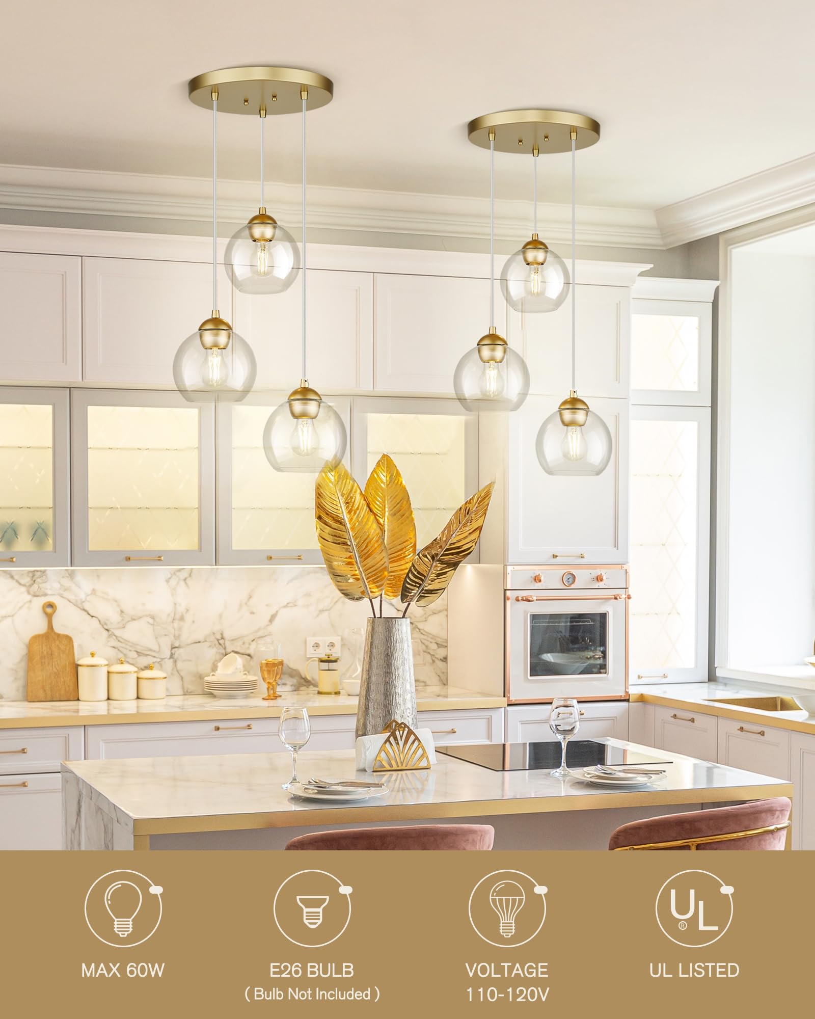 Emak 3-Light Cluster Pendant Lights Kitchen Island, Modern Gold Pendant Light Fixtures With Clear Glass Shade, 7 Inch Globe Hang