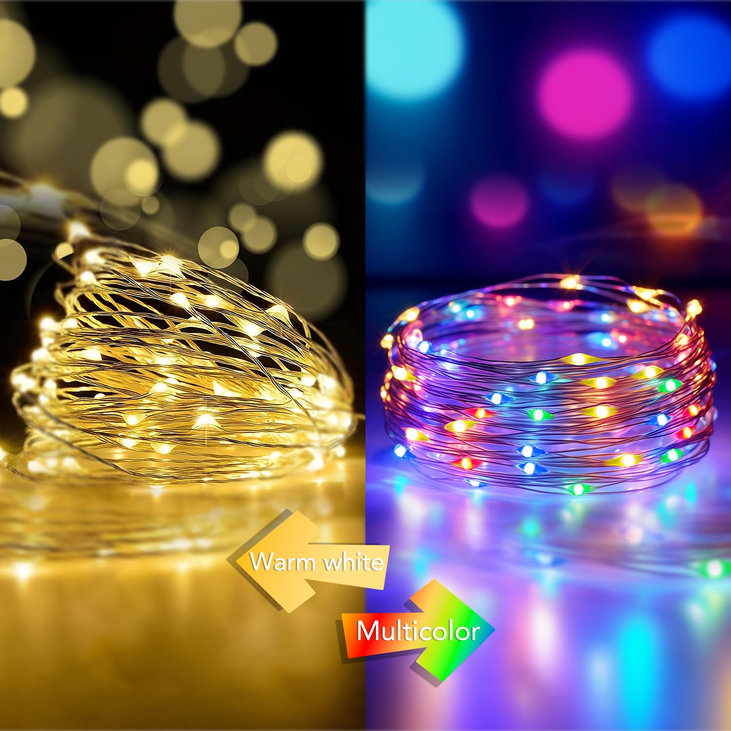 Metaku 33Ft 100 LED Fairy Lights with Remote & Timer, USB Powered Multi-Color Warm White & RGB Twinkle Lights for Christmas Party Décor