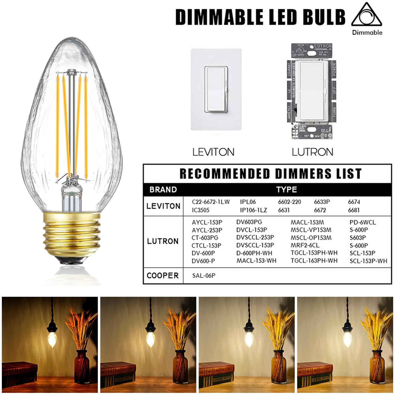 Leools E26 Vintage Edison Bulbs 8W Dimmable LED Soft White 3000K 800lm, Glass, 6 Pack