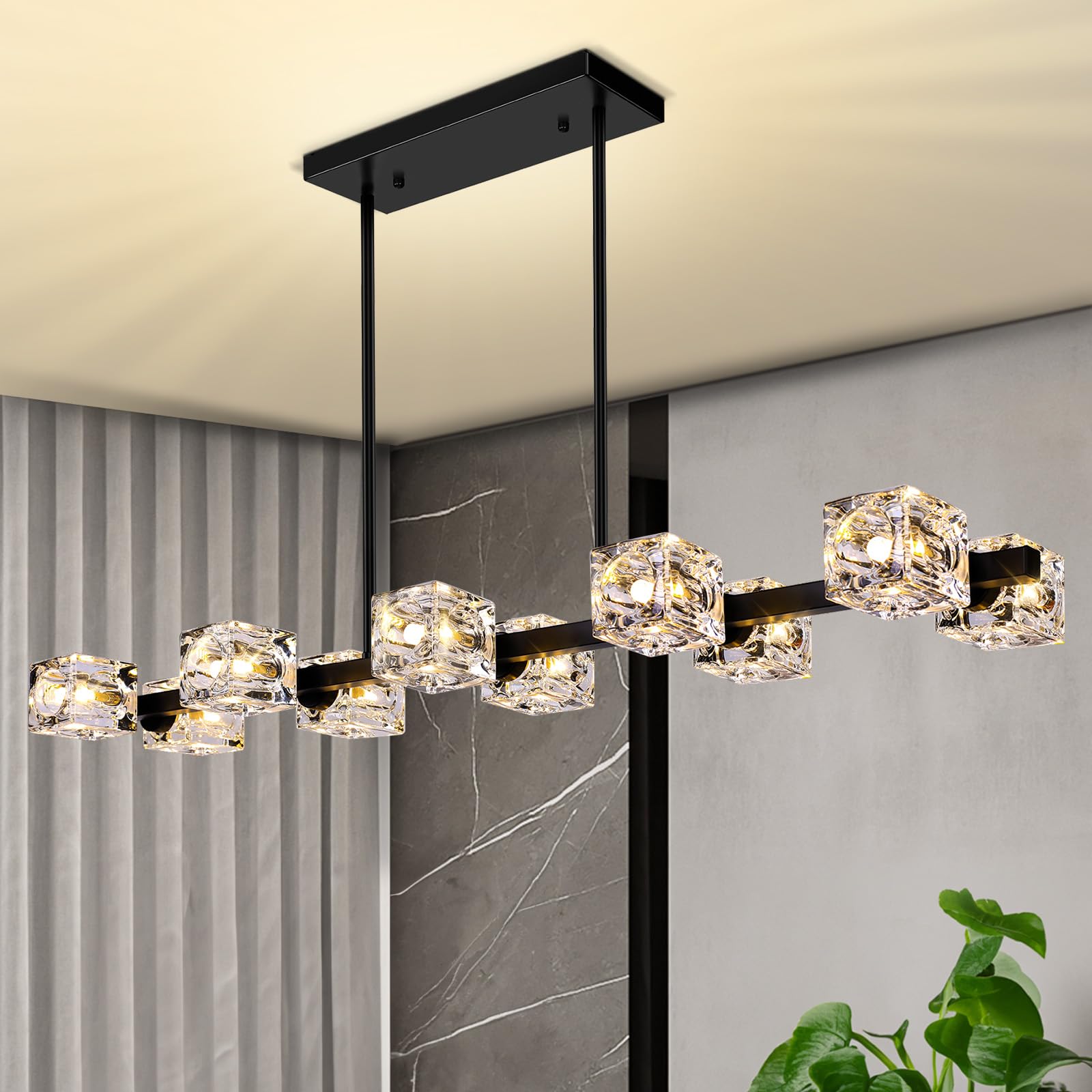 10-Light Dining Room Light Fixture, Black Modern Chandelier with Crystal Cube Shade, Industrial Pendant Light Fixtures for Livin
