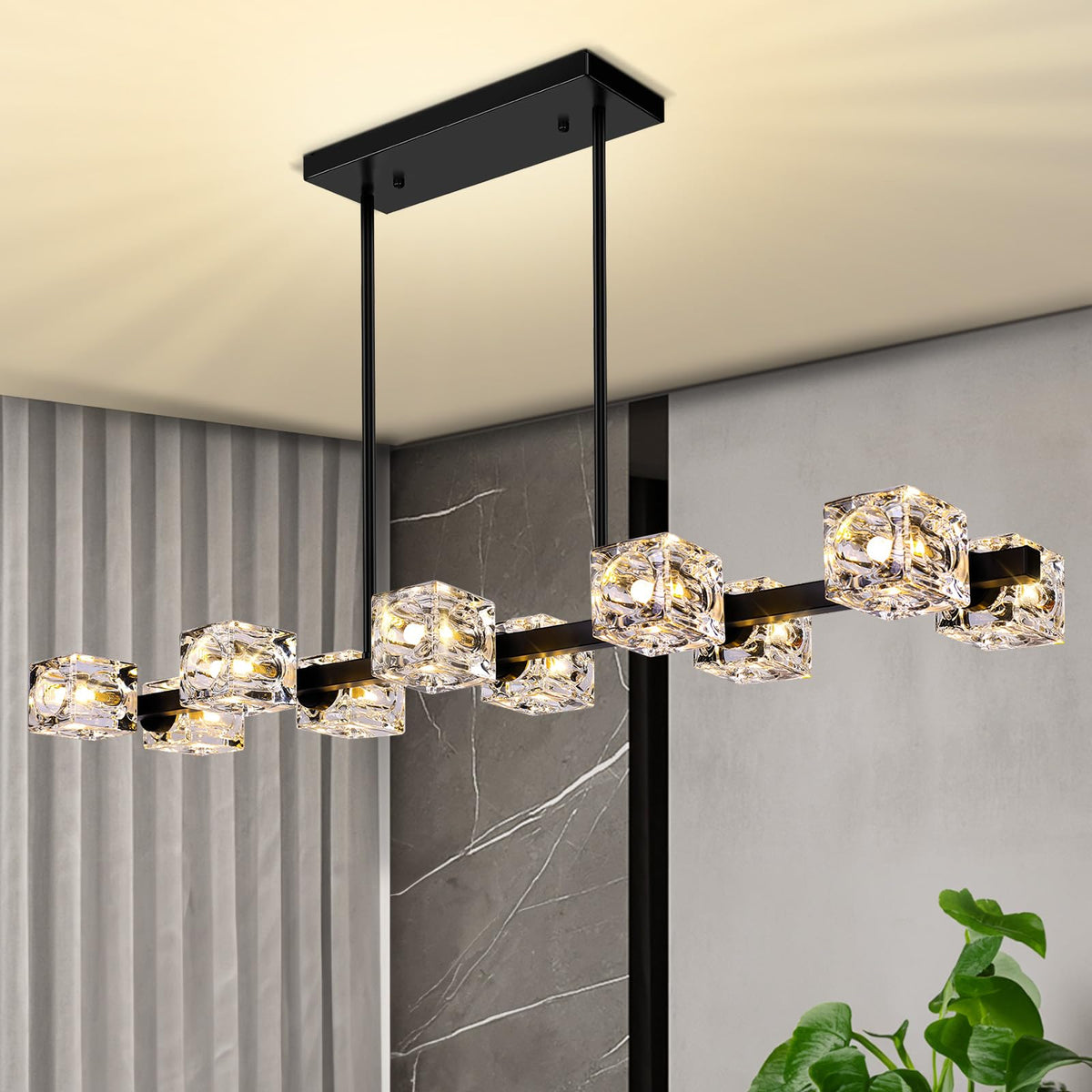 10-Light Dining Room Light Fixture, Black Modern Chandelier with Crystal Cube Shade, Industrial Pendant Light Fixtures for Livin