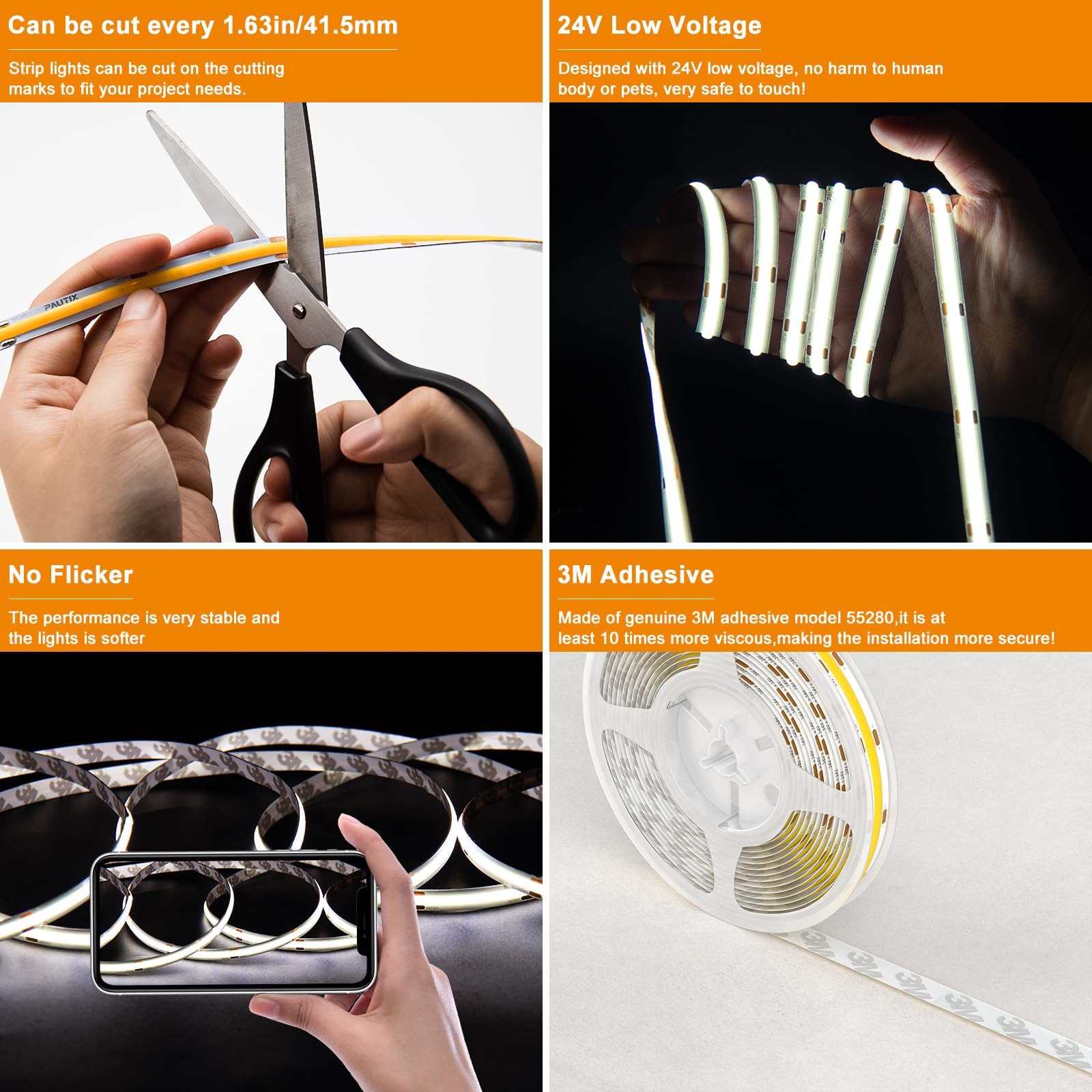 Pautix Cob Led Strip Light Dailylight White 6000K 504Leds/M,Cri90+ 32.8Ft/10M Dimmable 24V Led Tape Lights Kit,Work With Alexa/G