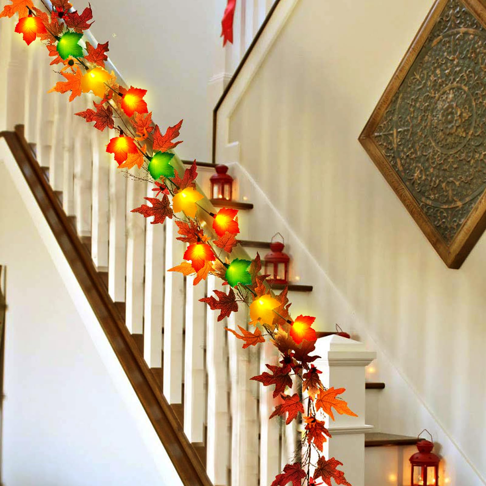Fall Decor Maples Leaf String Lights, 8.5Ft Led Maple Leaf Lights With 10 3D Maple Leaf Light, Plug In Fall Decorations For Indoor Outdoor Thanksgiving Christmas Halloween Harvest-Orange/Yellow/Green
