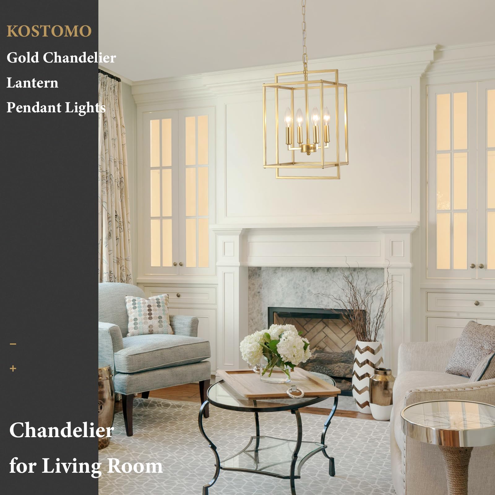 KOSTOMO Gold Chandelier Light Fixture, 10.8" Rustic Farmhouse Pendant, 4-Light Metal Lantern, Adjustable Height for Dining Room, Living Room