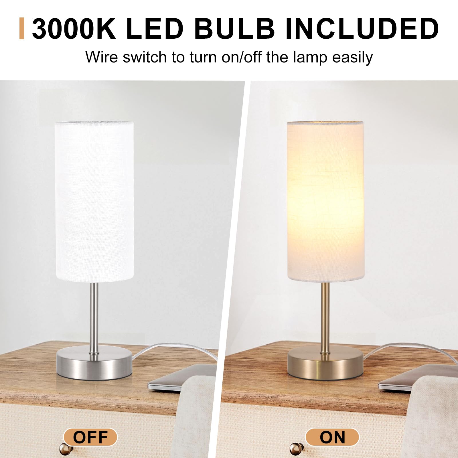 Rislg 2 Pack Small Table Lamp For Bedroom, Bedside Lamp For Nightstand, Minimalist Modern Desk Lamp With Linen Fabric Shade For