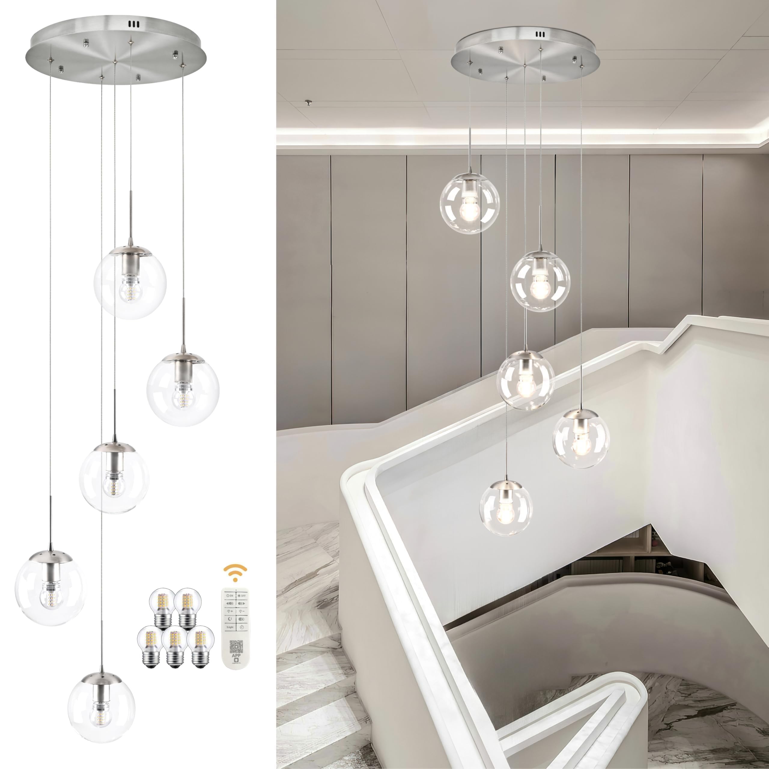 Koko&Yukina 5-Light Globe Glass Pendant Light Adjustable Length Pendant Lights Modern Nickel Clear Globe Glass Chandelier High C