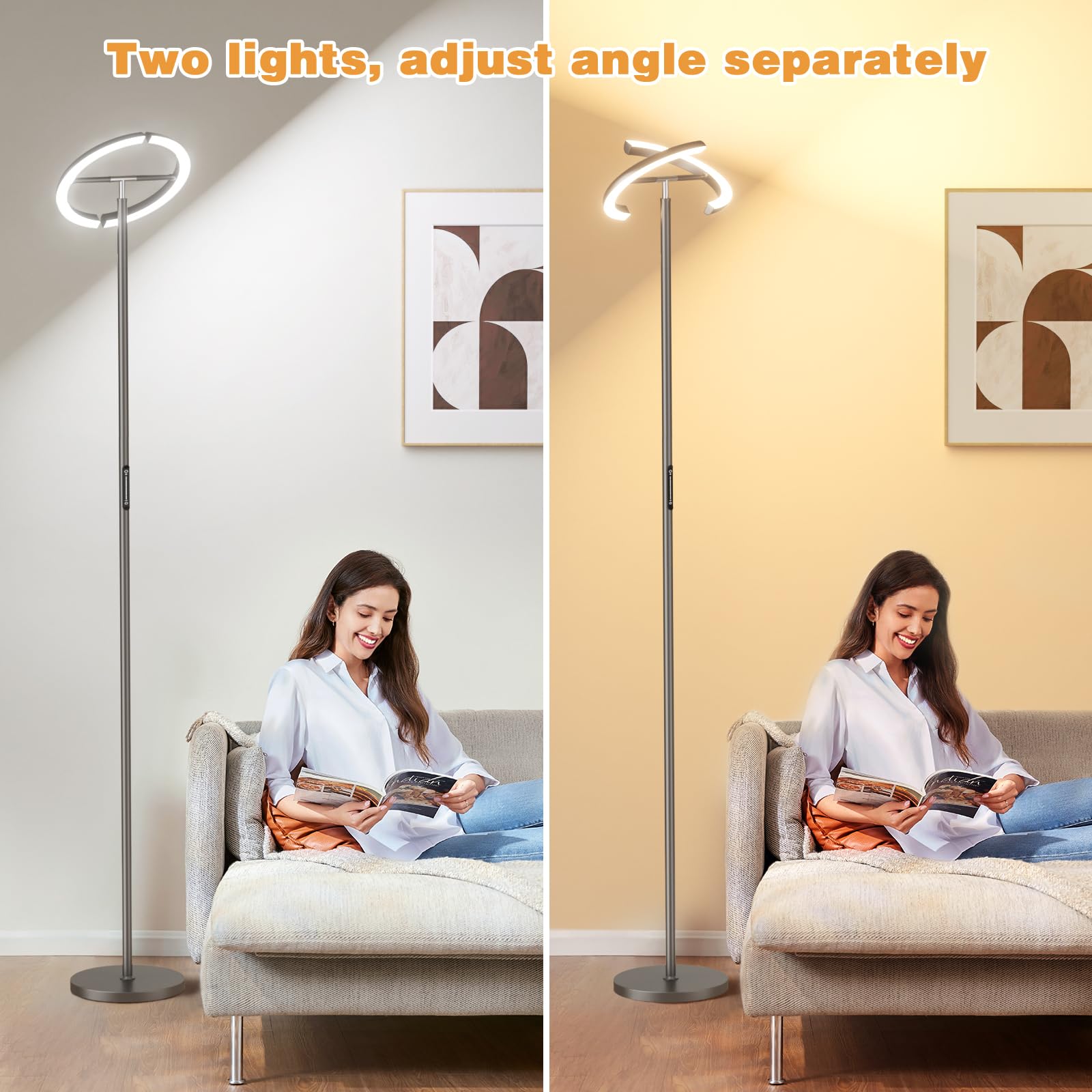 Preeotti Led Floor Lamp - 70'' Tall Modern Standing Lamp With 2 Rotatable Lights, Remote & Touch Control, 24W Bright Stepless Di