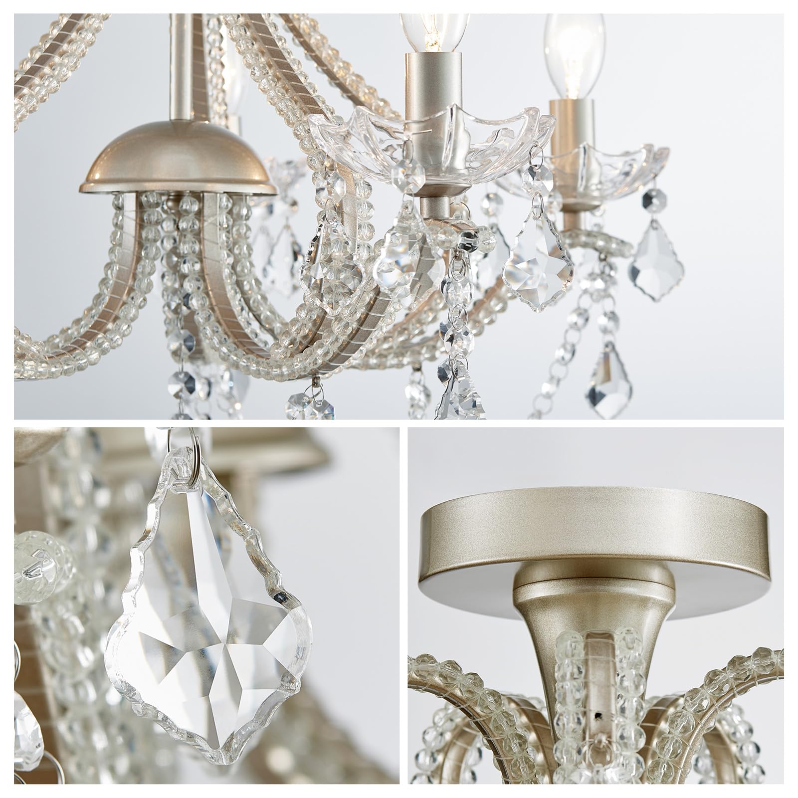 WUZUPS 5-Light Crystal Candle Chandelier, Brushed Nickel, 20.9" H x 22" W, Metal Flushmount Ceiling Light for Bedroom, Hallway, Kitchen, Bathroom