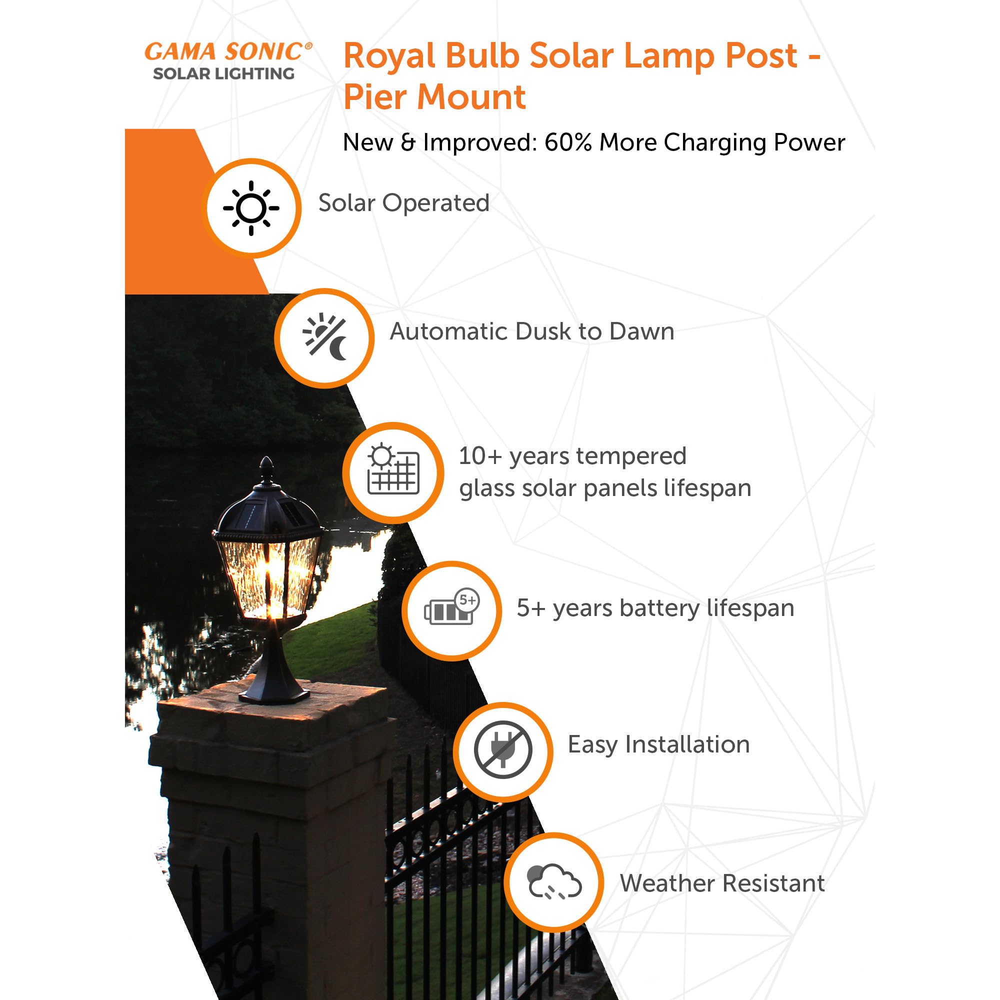 Gama Sonic Outdoor Solar Post Light with Pier Base, Brushed Bronze Finish Aluminum and Rain Glass, Royal Bulb 150 Lumens Warm Wh
