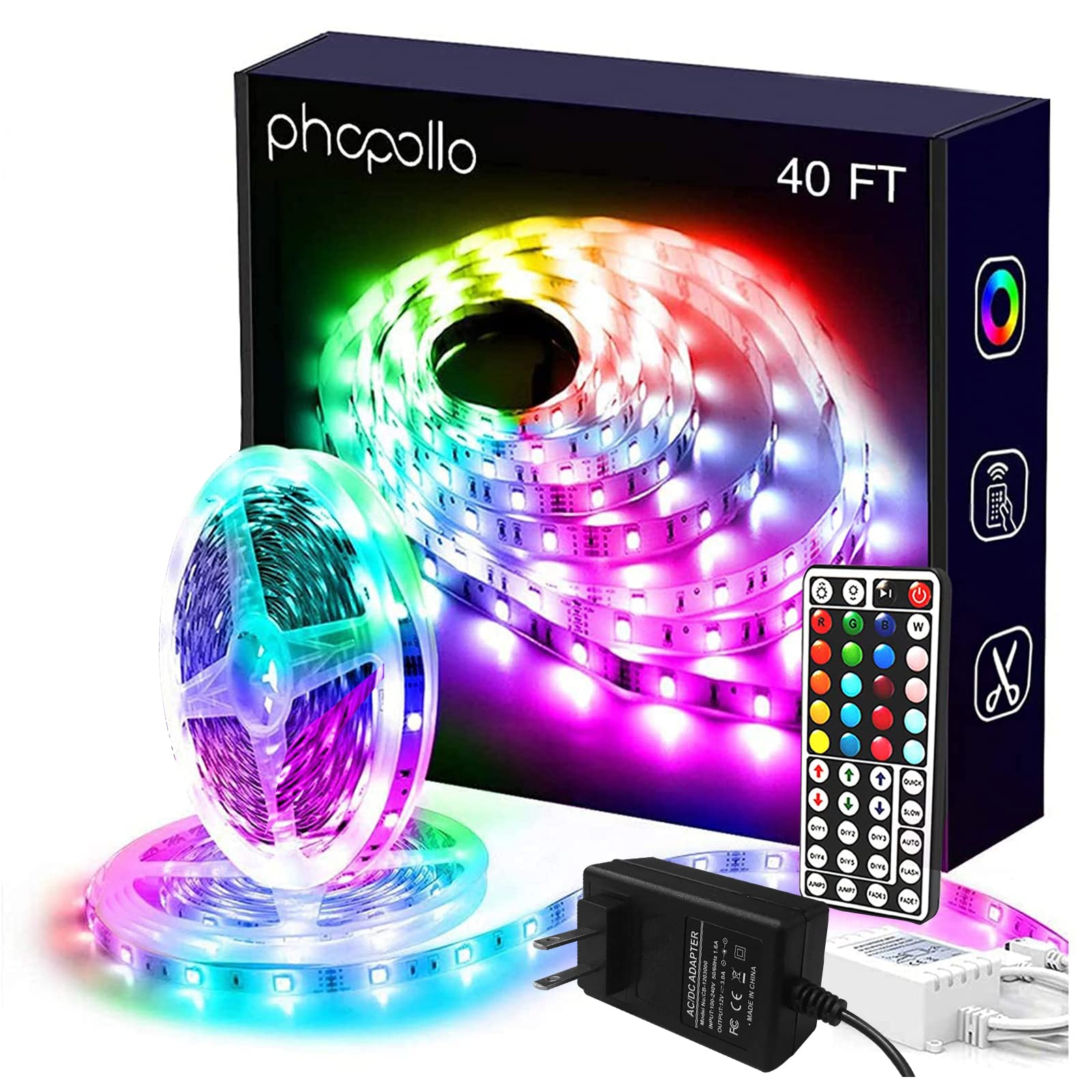 phopollo LED Lights Kit, 40ft RGB Color Changing, Vinyl, Multicolor, Model PH39RGB53WUS, Remote Included