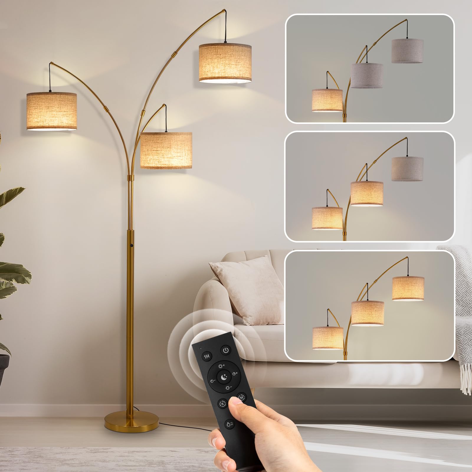 Fansdrick Gold Floor Lamps for Living Room, Super Bright Arc Floor Lamp with Remote Control, 3 Light Tall Floor Lamps with Stepl