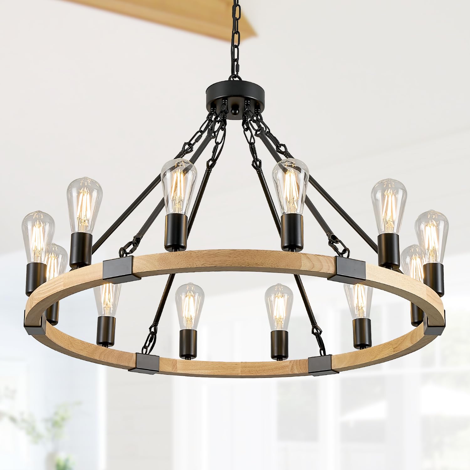 Poemoon 31.5 12 Lights Wooden Wagon Wheel Chandelier Natural Farmhouse Wood Round Chandelier Black Rustic Light Fixture for Living Dining Room Entryway Foyer Kitchen