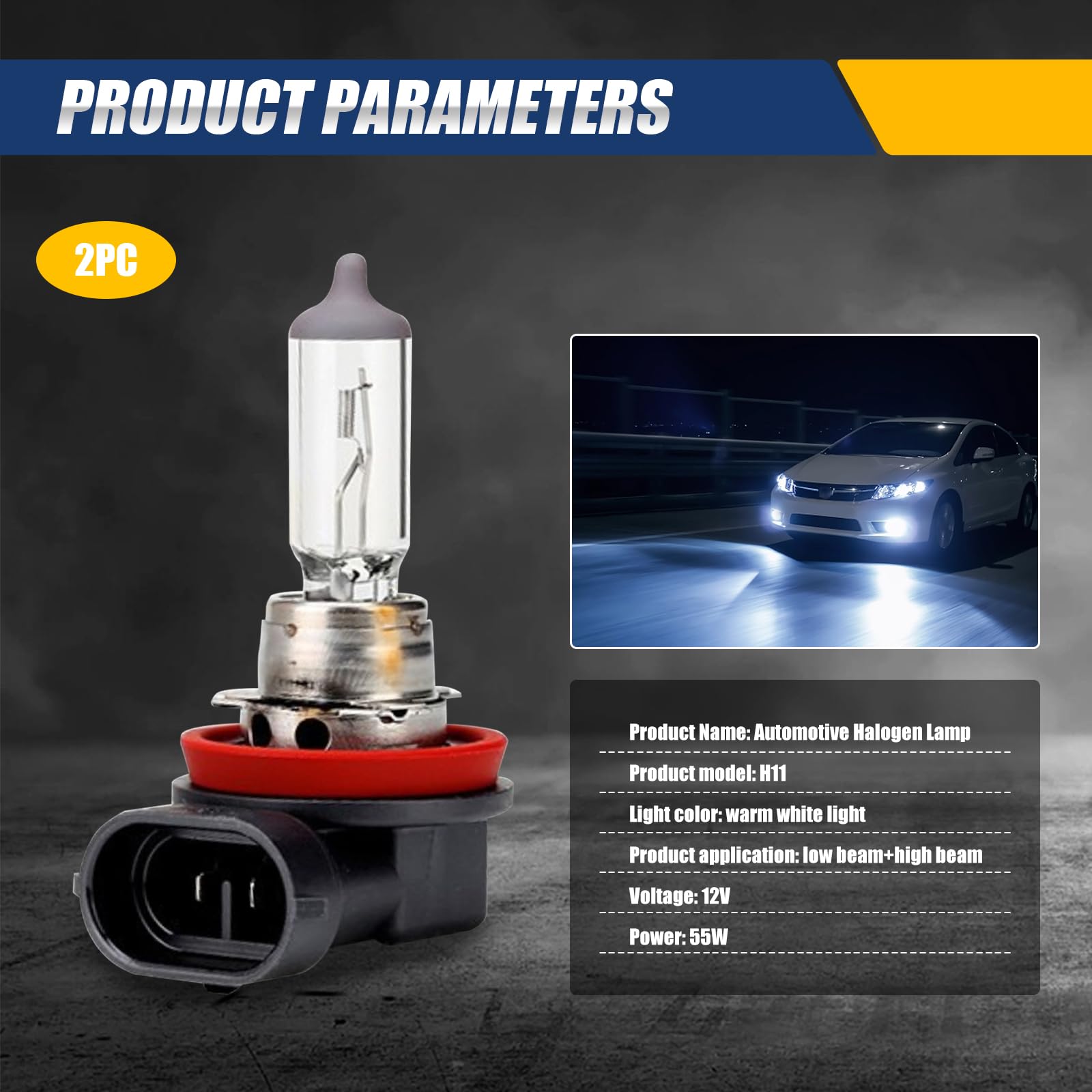 gunhunt H11 Halogen Bulb 12V Quartz Lamp Ultra-bright Beam 2 PCS White GURSD1701WH-H11-2PCS