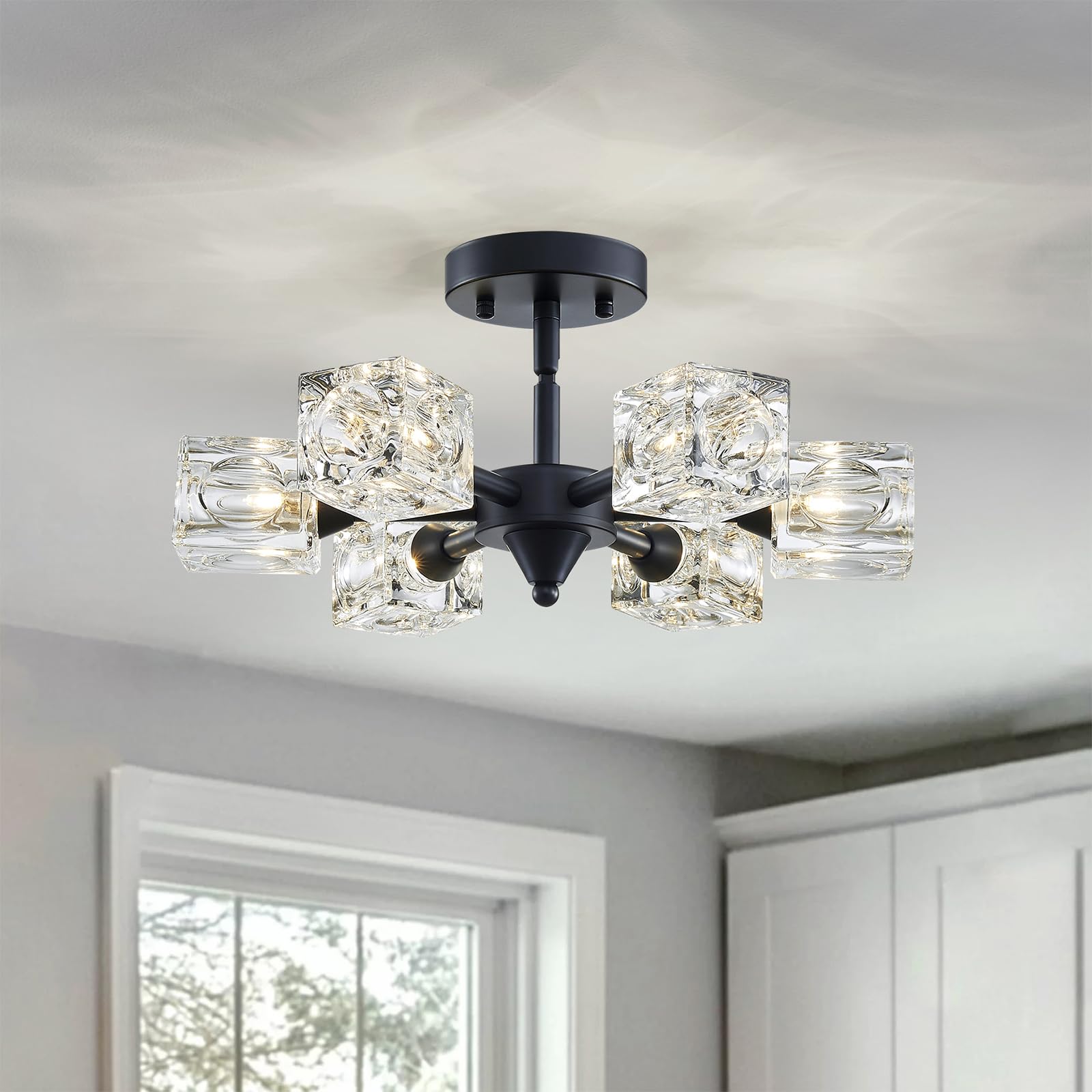 XINGQI Modern Sputnik Chandelier 6-Lights Black Ceiling Light Fixture Small Farmhouse Semi Flush Mount Ceiling Light Glass Indus