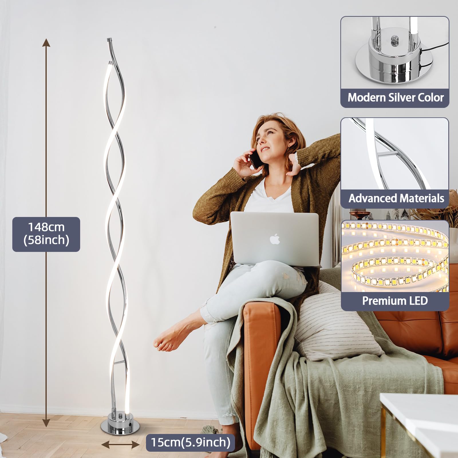 ADISUN 31W LED Spiral Floor Lamp - 3-Color Dimmable with Remote, 58" Tall, Silver, Model DNA for Living Room, Bedroom, Office