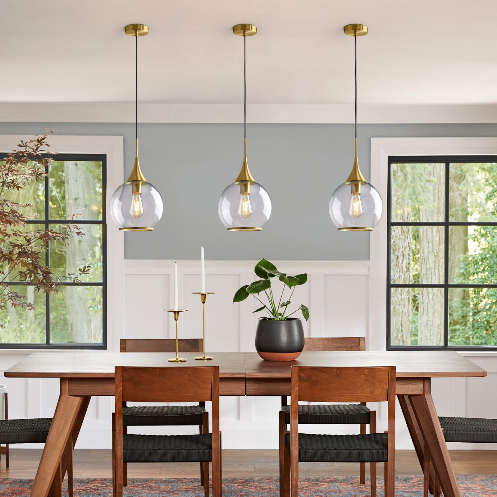 Hahzt Pendant Lights Kitchen Island: 3 Pack Gold Light Fixture Modern With Clear Glass - 10 Inch Mid Century Globe Kitchen Light