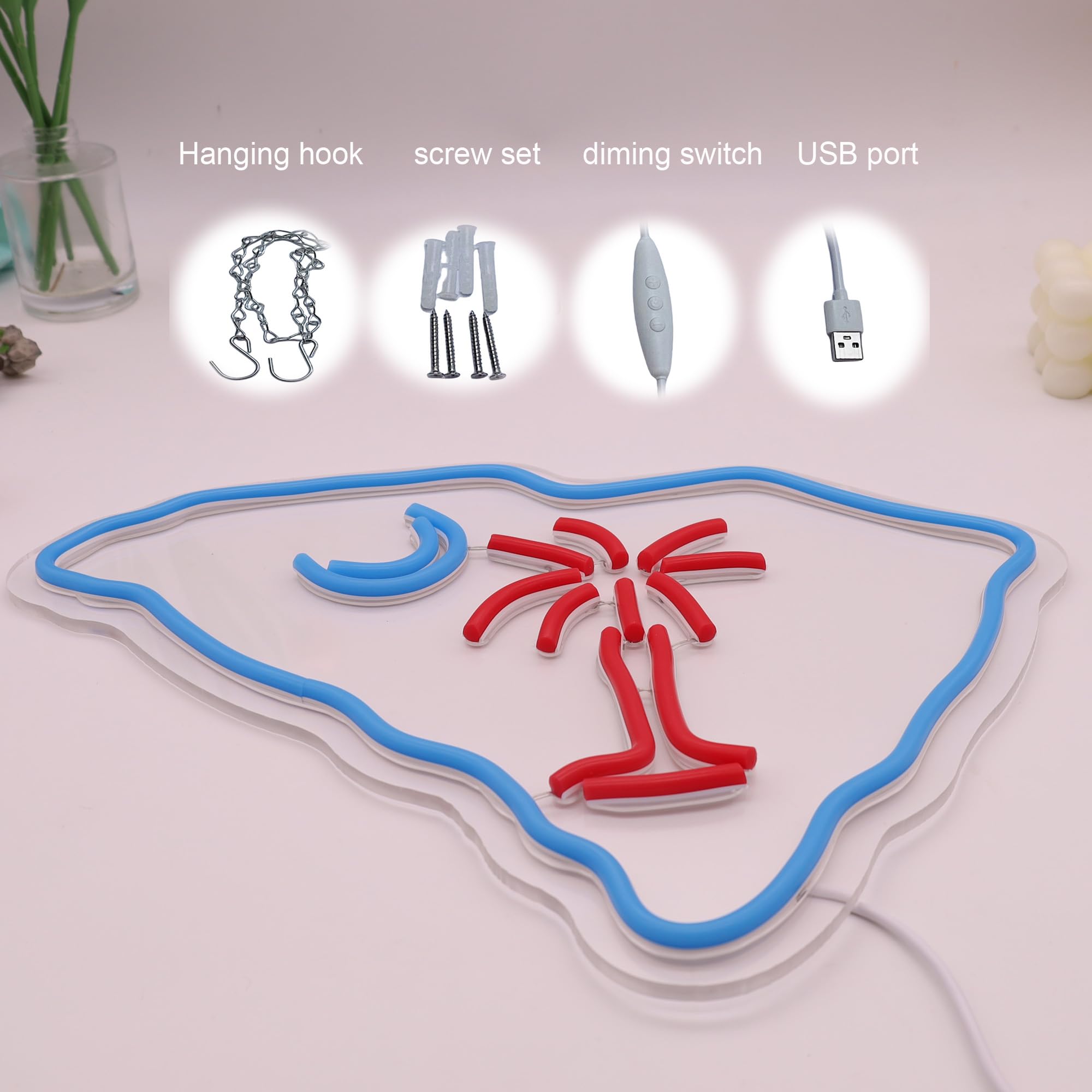 South Carolina Flag Neon Light Sign Palmetto Tree Moon Neon Sign Usb Powered For Room Decor S.C. Flag Led Wall Sign Tree Moon Neon Signs Led Neon Light Sign For Wall Decor Game Room Man Cave Pub Party Birthday Gifts 15.32*11.6 Inch