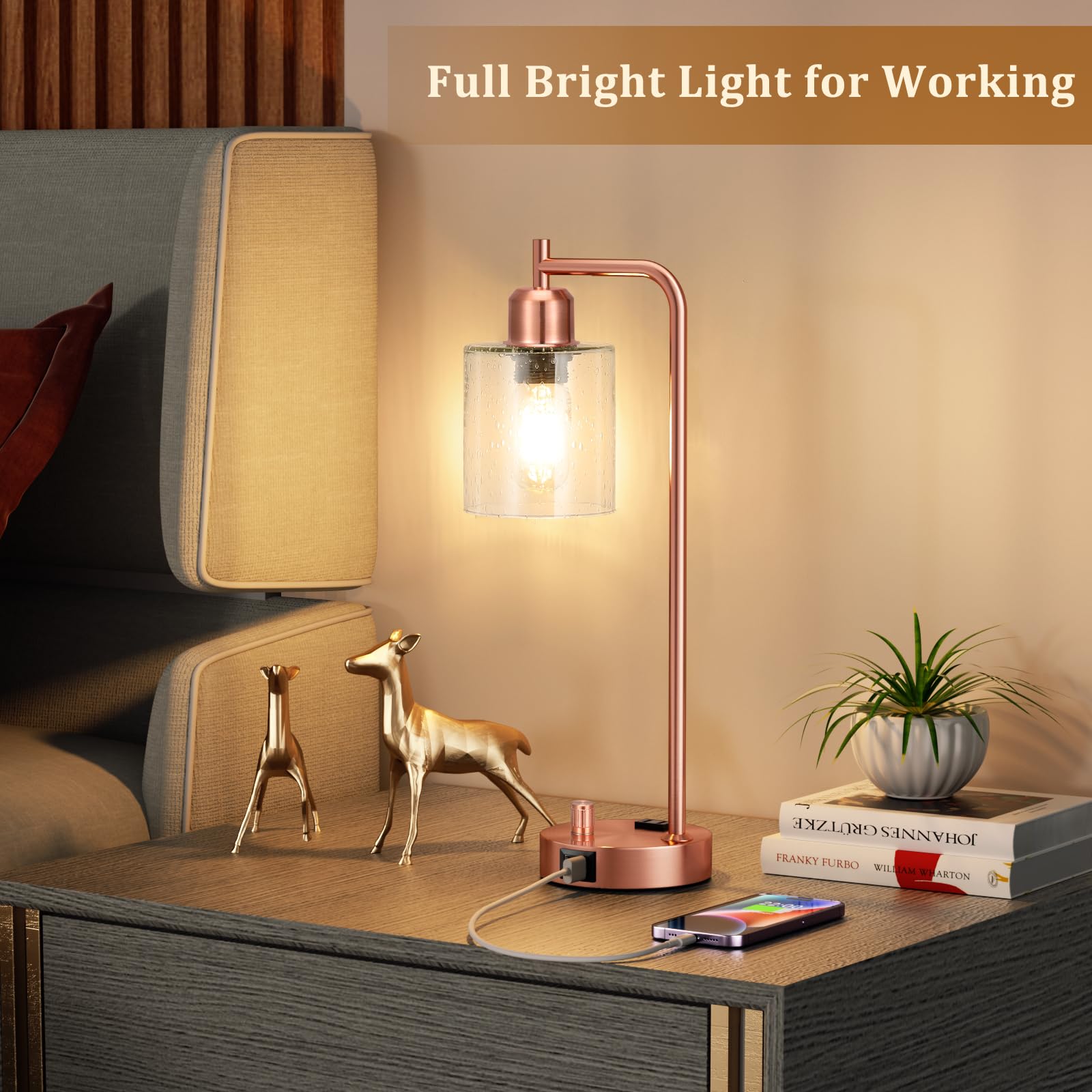 Innqoo Copper Industrial Bedside Table Lamp For Bedroom - Nightstand Lamps With Usb C Charging Port, Fully Dimmable Black Ports