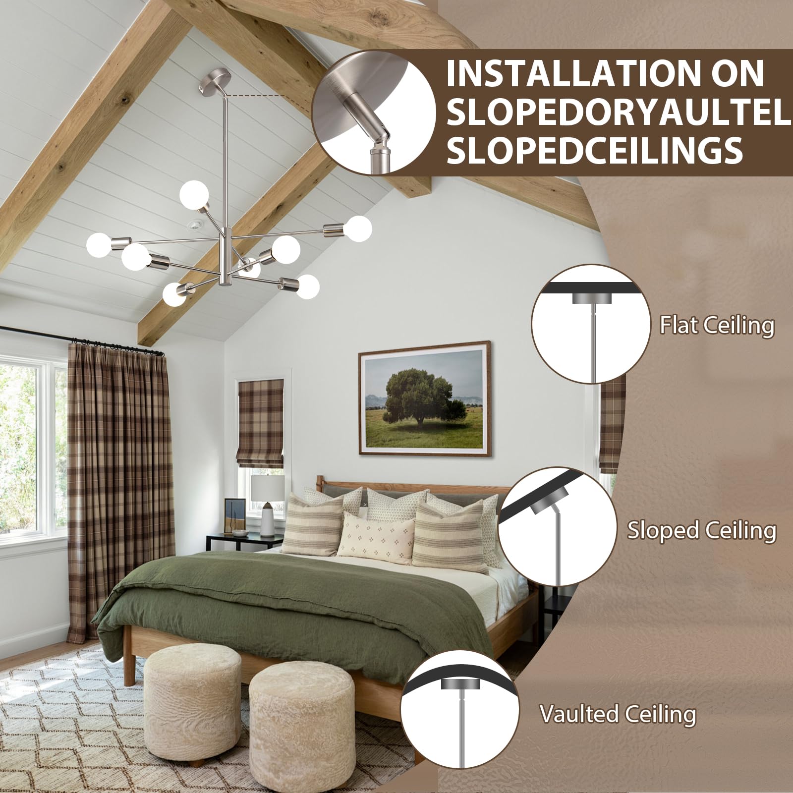 Kaisite Modern Chandelier Ceiling Light Fixture Brushed Nickel Sputnik Chandeliers For Bedroom Living Room 8-Light Height Adjust