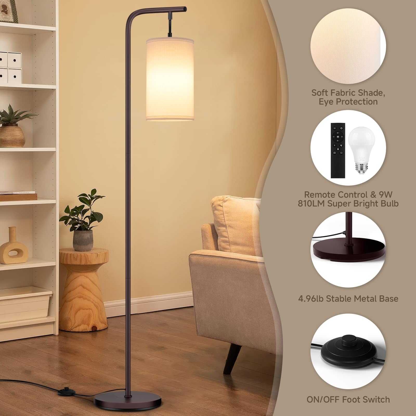 Coucrek Floor Lamp - 9W LED, Remote Custom Color Temperature & Brightness, Brown, Model F109 for Living Room & Office