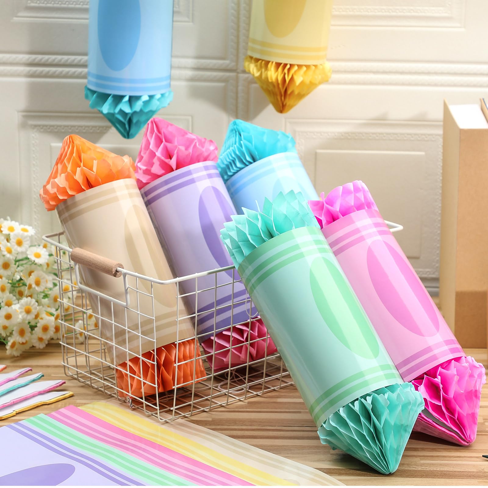Retisee 12Pcs Crayon Hanging Honeycomb Lanterns Decor Preschool Kindergarten Graduation Decorations Colorful Classroom Ceiling D