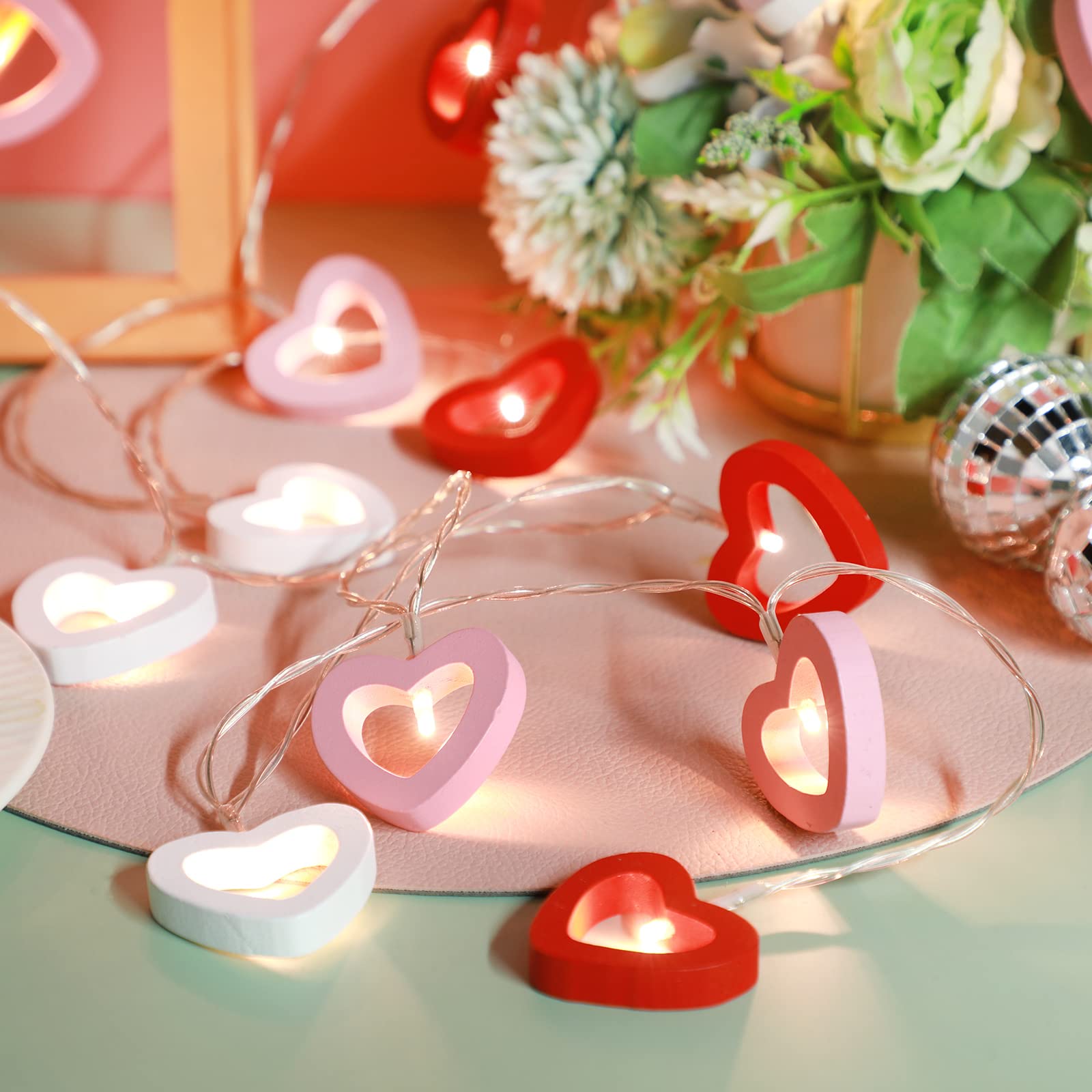 Mudder Valentines Day Wooden Heart String Lights LED Fairy Hanging Love Lights Lamp Battery Operated Valentines Day Decoration