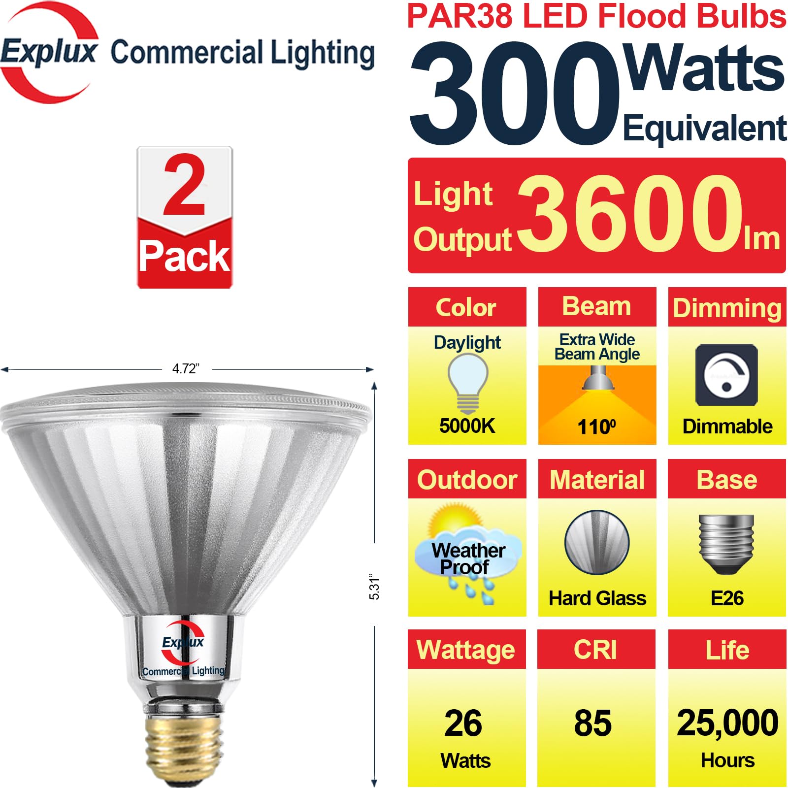 Explux PAR38 LED Flood Light Bulb 300W Equivalent, 3200 Lumens, Dimmable, 5000K Daylight, 2-Pack, Hard Glass, Waterproof