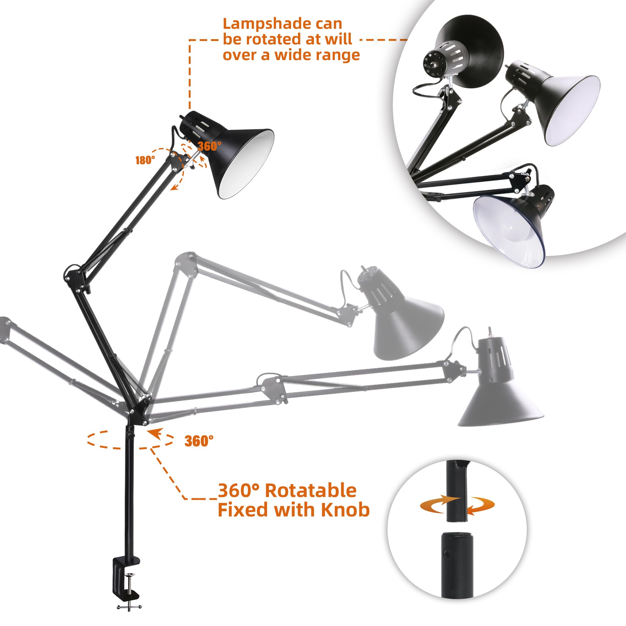 Hypool Desk Lamp W/A19 E26 Led Bulb For Home Office Eye-Caring Metal Extra Tall Swing Arm High Intensity Clamp Flexible Goosenec