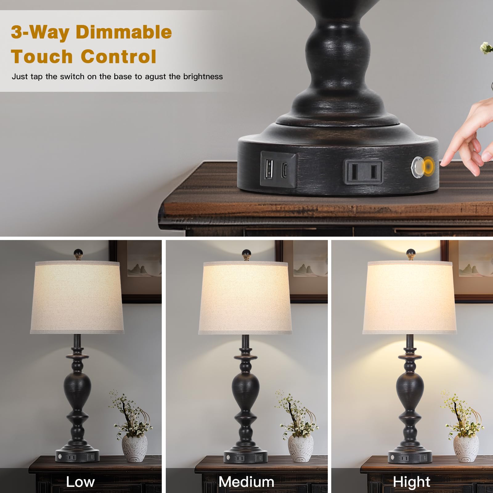 Cinkeda 28" Black Farmhouse Table Lamps Set of 2 - 3-Way Dimmable Touch, USB Ports & AC Outlet for Vintage Living Room & Bedroom