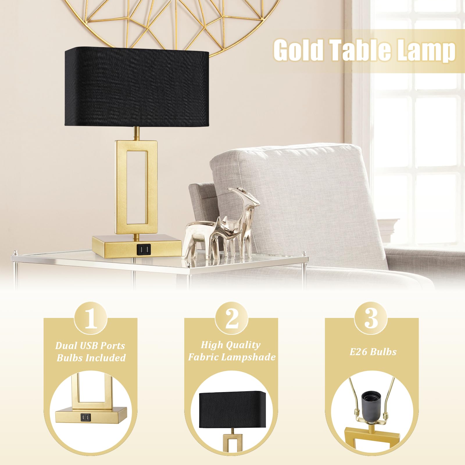 gernehop Black Table Lamps Set of 2, 3-Way Dimmable Touch Control, 16" Medium, USB Ports, LED Bulbs Included, Model T1002-GD-B