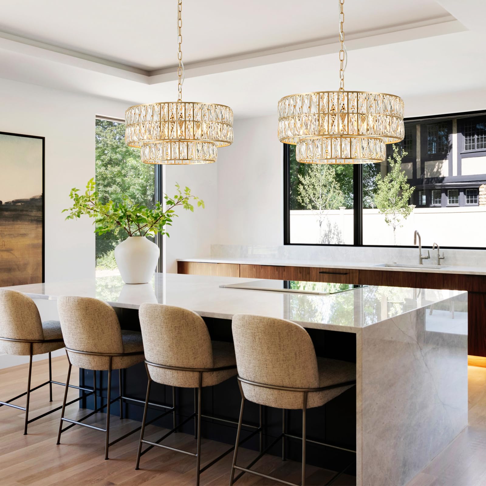 Catiner Gold Crystal Chandelier Modern 18" Round Semi Flush Mount Ceiling Light For Dining Living Room Bedroom & Foyer - Large Round Pendant Fixture