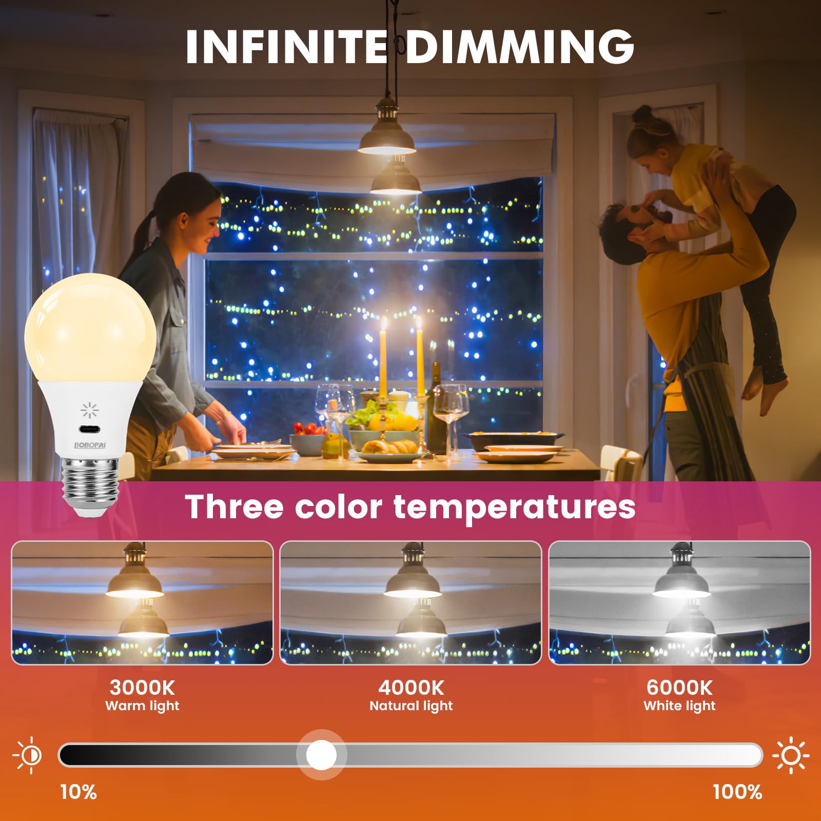 BOBOPAI LED Rechargeable Light Bulbs - Remote & Touch Dimmable, 2 Pack, RGB, E26 Battery Operated, 2600mAh USB Backup, Timer